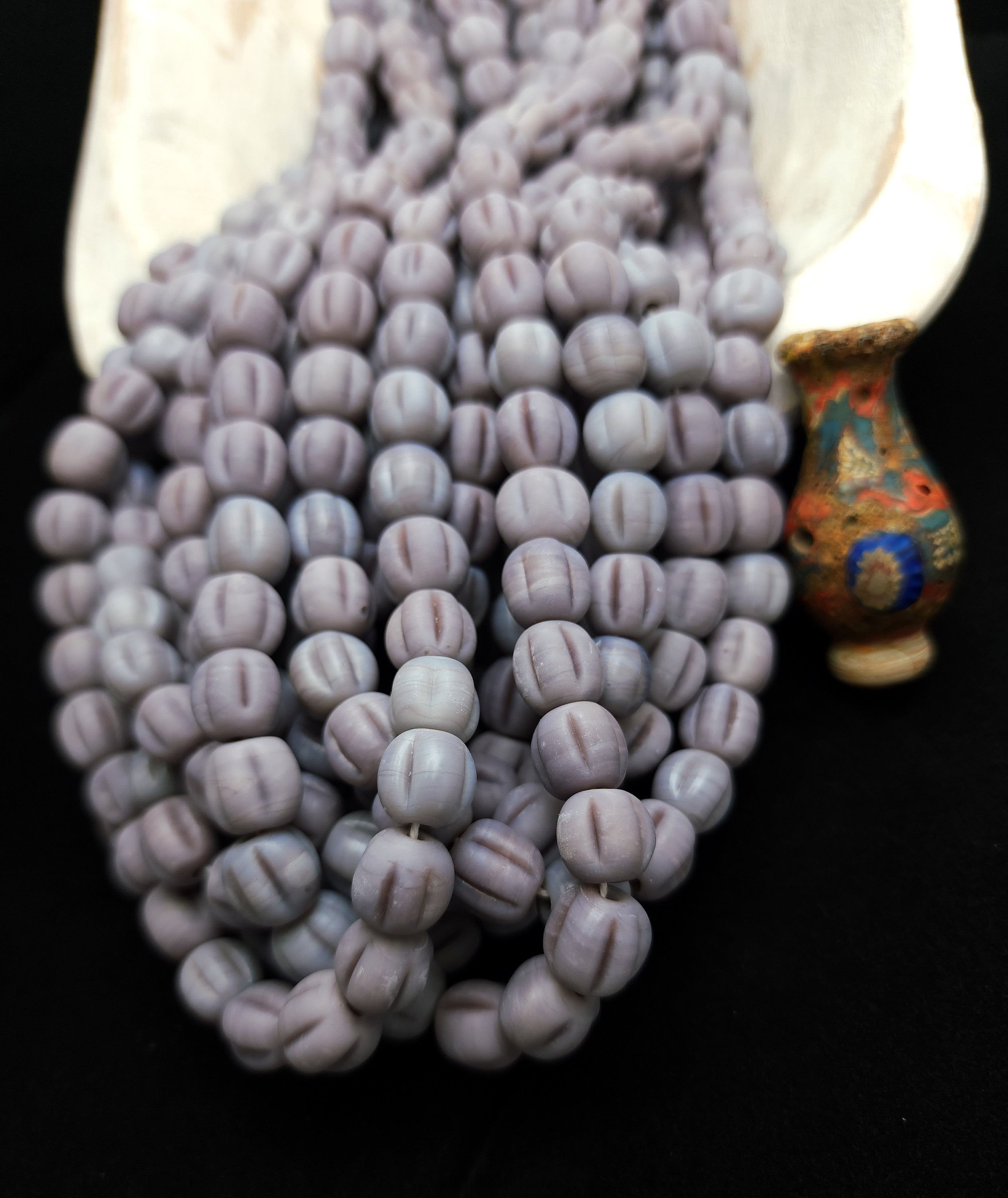 Melon Shaped Glass Beads With Accent Rustic Old Look 9-11mm 15 Beads, Jewelry Making Supplies, Lampwork Beads, Indonesian, Java Beads.
