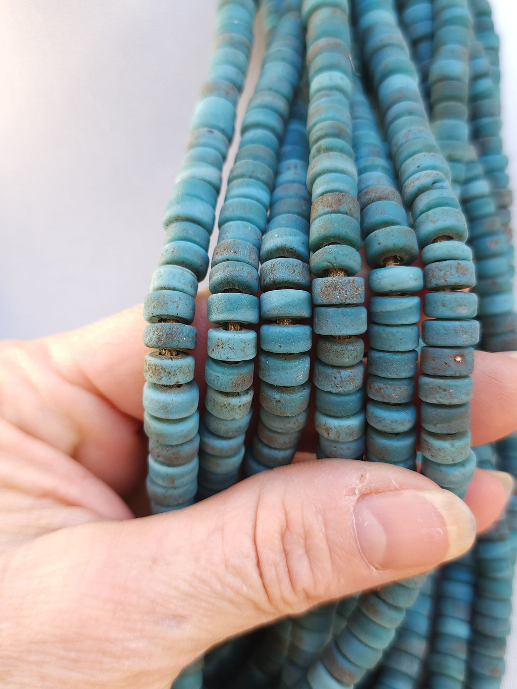 Blue Glass Beads With Strong Old Rustic Accent Raw Texture, 7-8mm Strand 10", Heishi, Indonesian, Java, Jewelry Making Supplies.