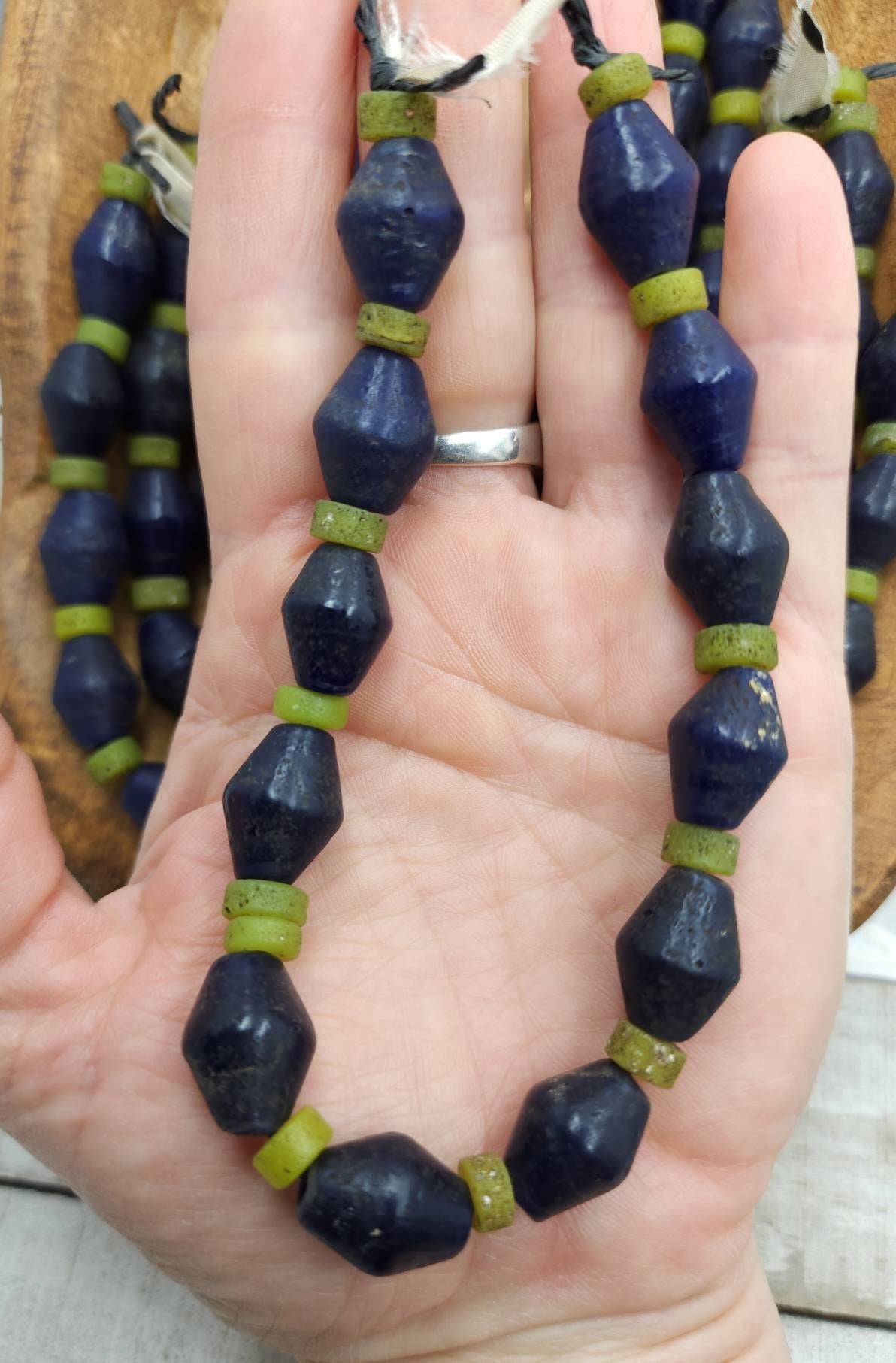 Bicone Beads With Old Rustic Accent/ Blue Java Glass Beads Strand 10 "16-18mm x 13mm / Jewelry Supplies / Indones Beads / Lampwork Beads.