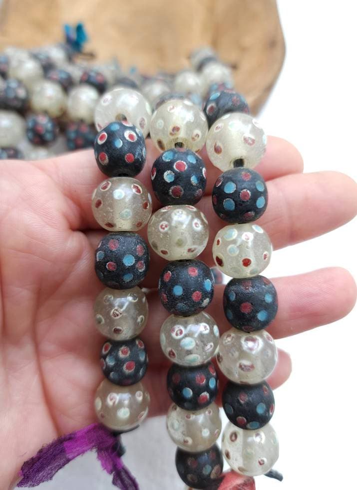 Old Eye Glass Beads Strand Of 12 Beads 12-14mm Big Hole / Vintage Beads / Indonesian / Venetian / Jewelry Making Supplies, Craft.