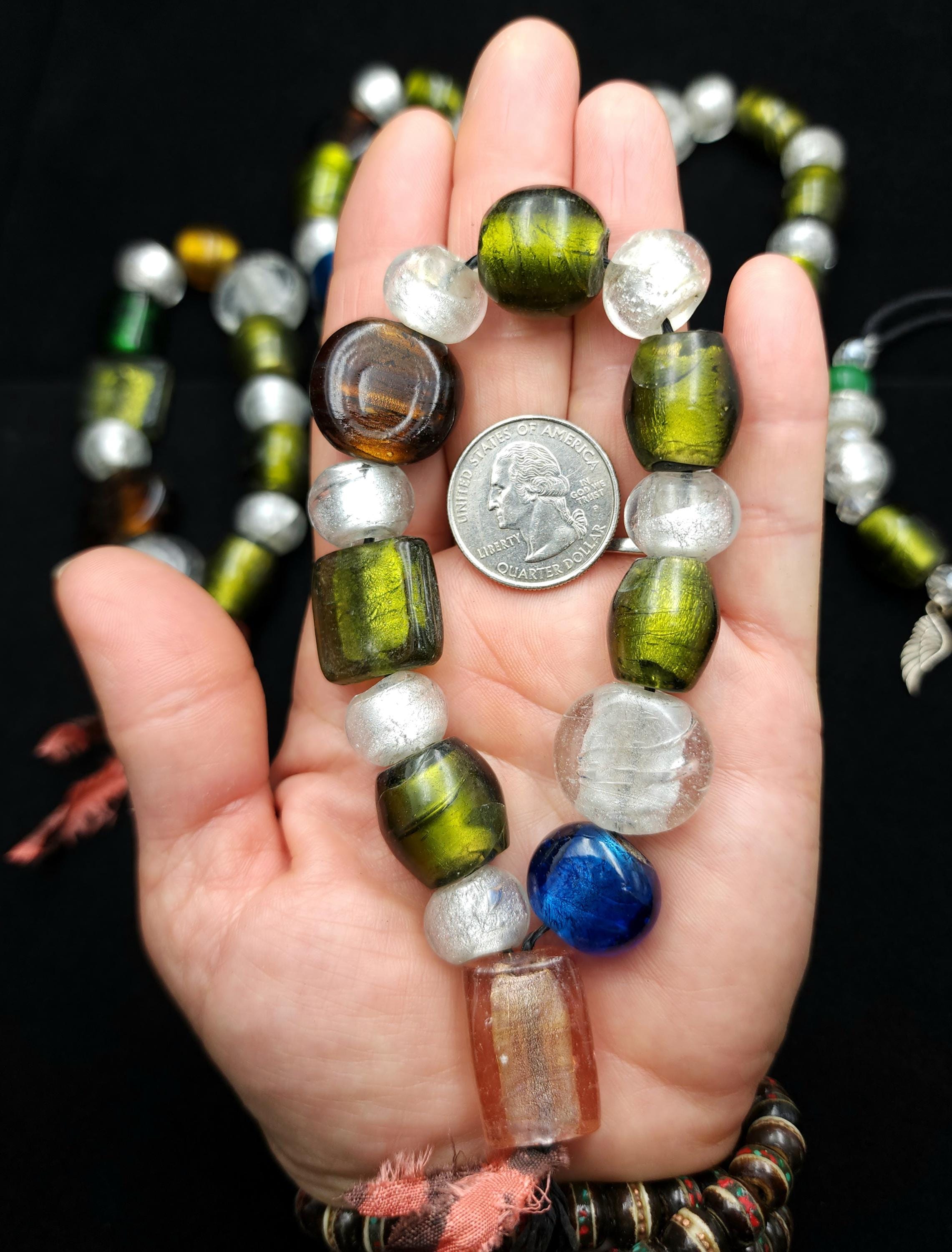 Lampwork Silver Foil Glass Beads – Handmade Murano Style Bead Strand 9" 14-24mm, Green, Amber, Pink, Clear | Boho Ethnic Jewelry Making.