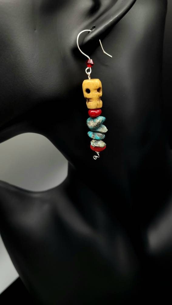 Beautiful Authentic 925 Silver Turquoise Coral Skull bone Boho Hippie Earrings.