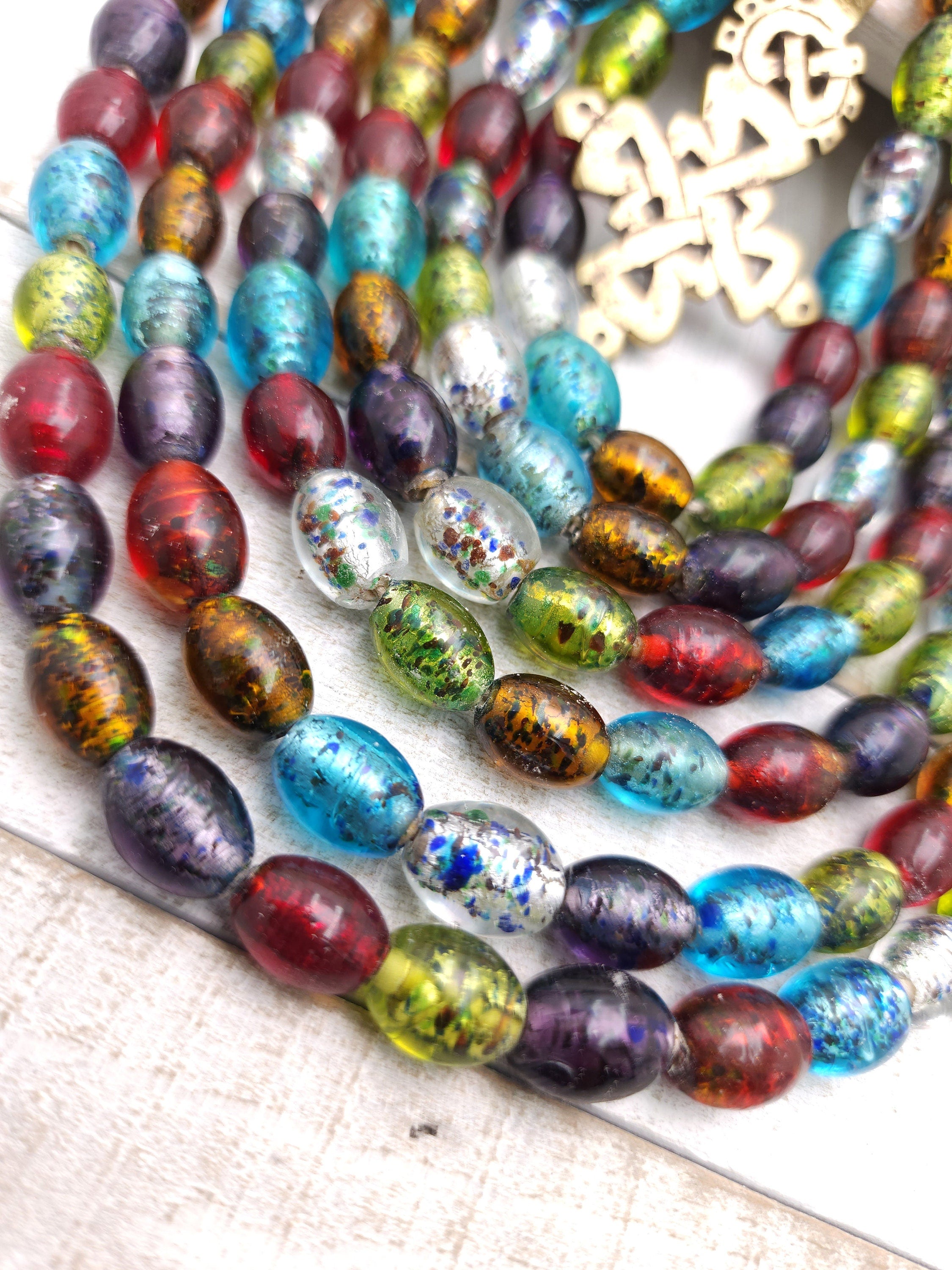 Oval Silver Foil Beads 12" [25], Murano Glass Beads, Venetian Glass Beads, Handmade Glass Beads, Vintage, Lampwork Beads,  Jewelry Supplies.