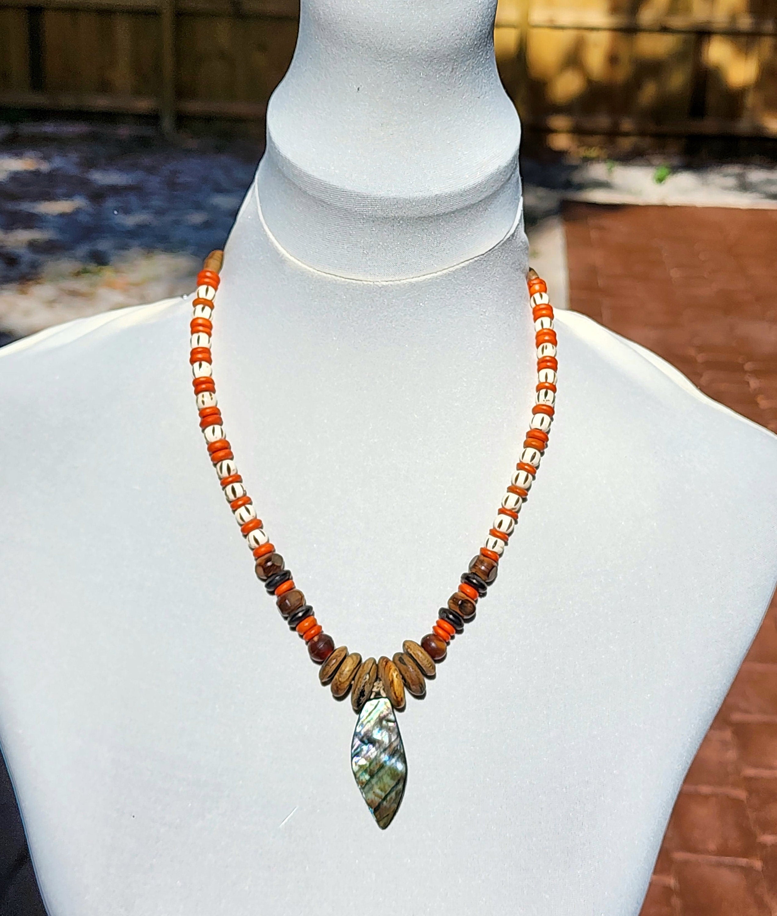 Shell Leaf and Bone Beads Necklace 13" Inches Long / Necklace For Her / Handmade Jewelry / Gift For Mom.