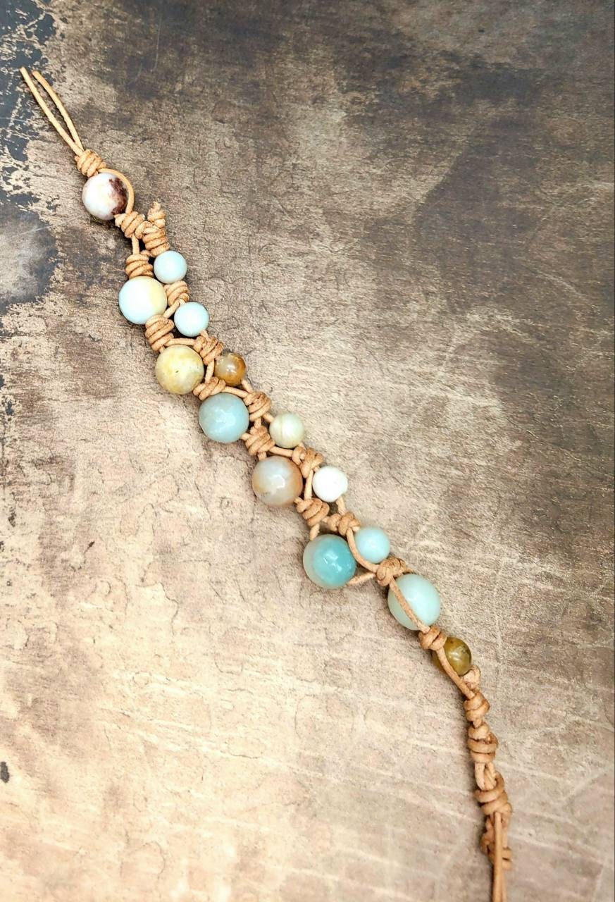 Amazonite bracelet, leather bracelet, knotted bracelet. hippie, boho.