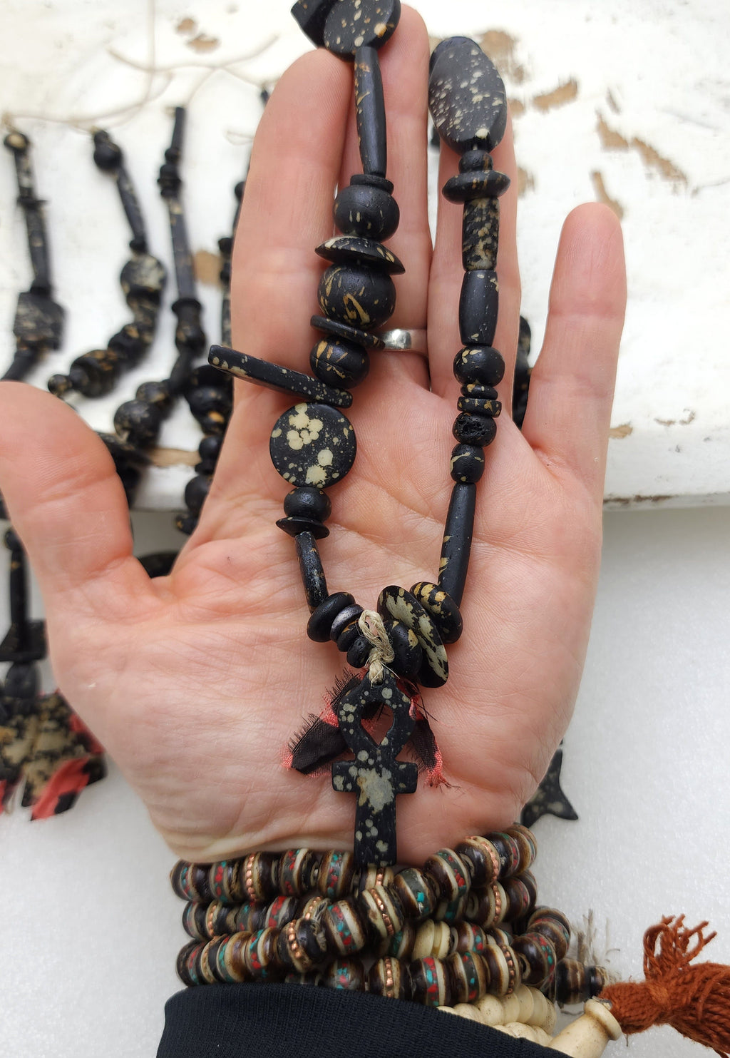 Splattered Black Bone Beads / Strand 14"+ Variety Of Bone Beads / Tribal / Ethnic / Boho / Fun Beads / Jewelry Making Supplies.