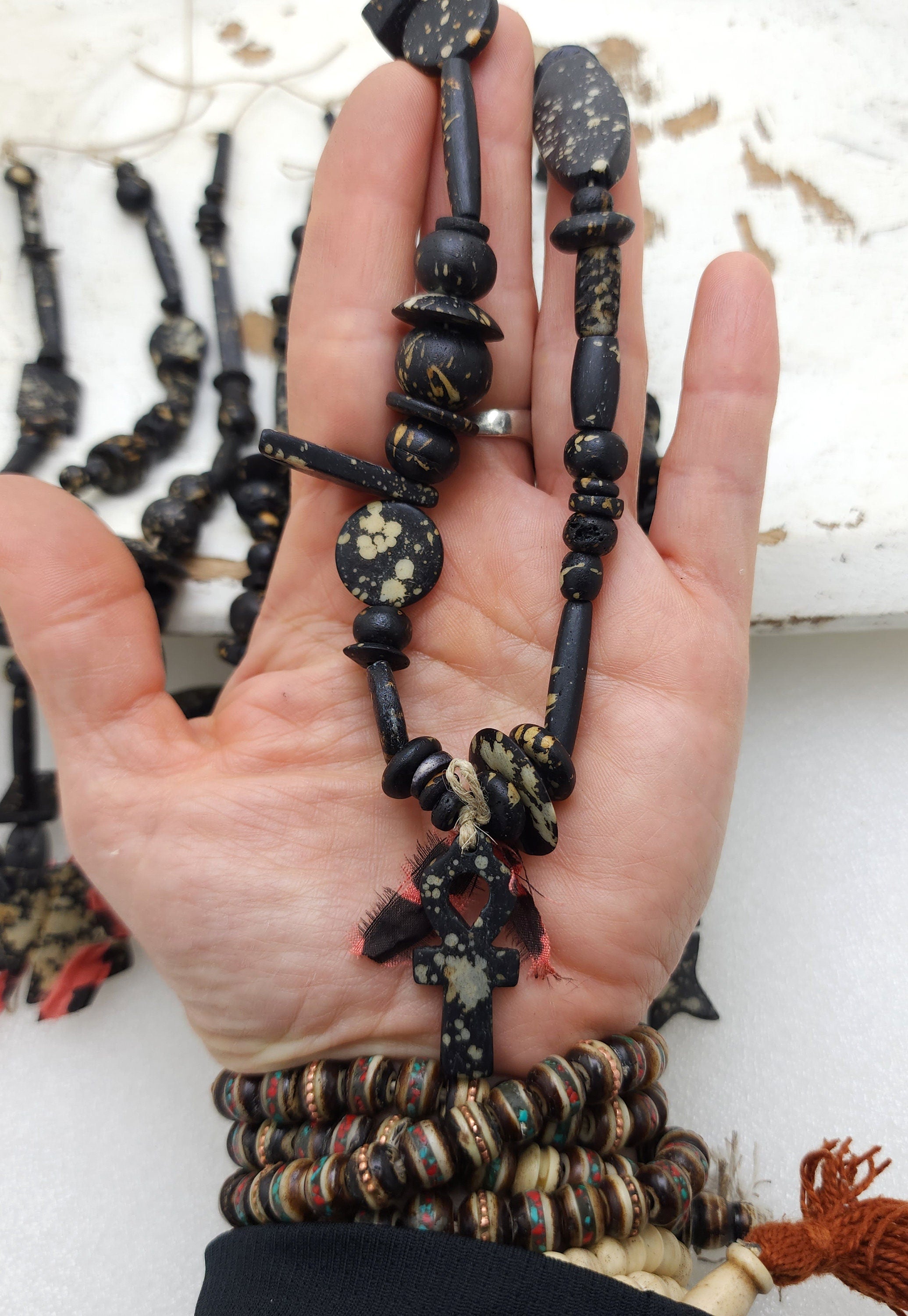 Splattered Black Bone Beads / Strand 14"+ Variety Of Bone Beads / Tribal / Ethnic / Boho / Fun Beads / Jewelry Making Supplies.