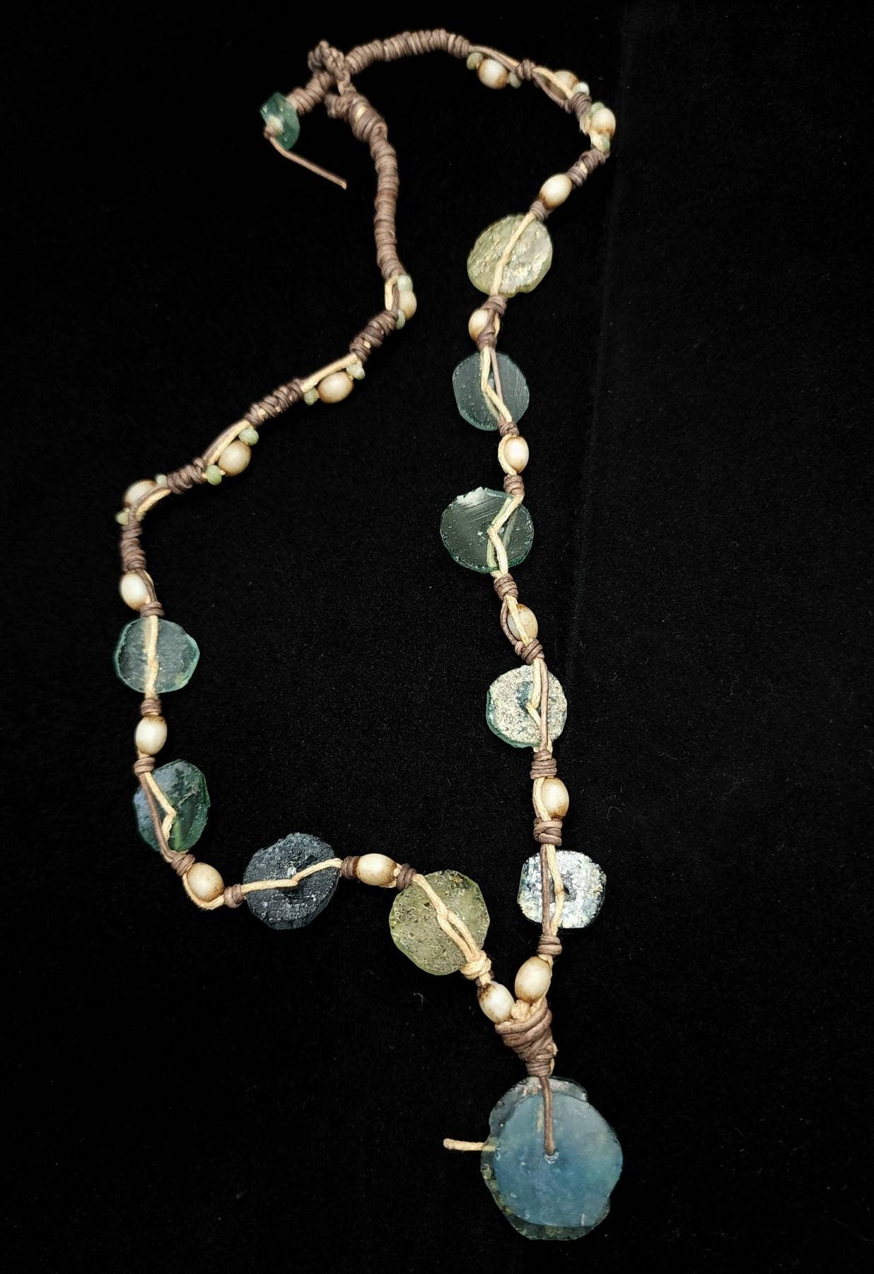 Leather Necklace / Authentic Ancient Roman Glass Fragments .