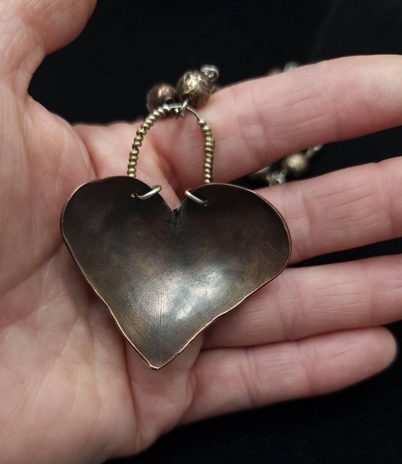 925 Silver, Silver cross- copper heart, Copper necklace 15"