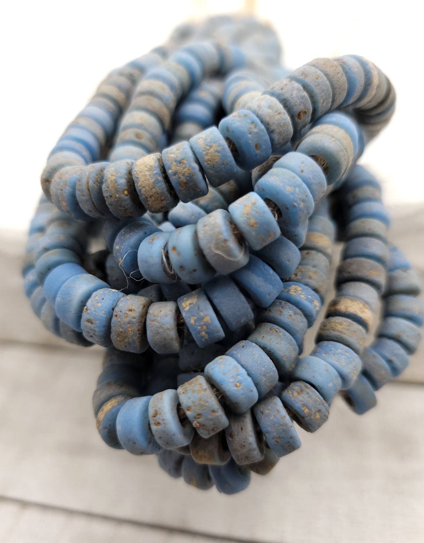 Glass Beads With Antique And Rustic Accent / Handmade Artisan / 7-8mm 10" Long Strand / Indonesia / Java / Tribal / Jewelry Supplies.