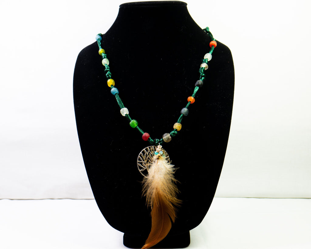 FINAL SALE!  Silk feather Necklace  pendant  African glass  Natural feather  Silk  crystal