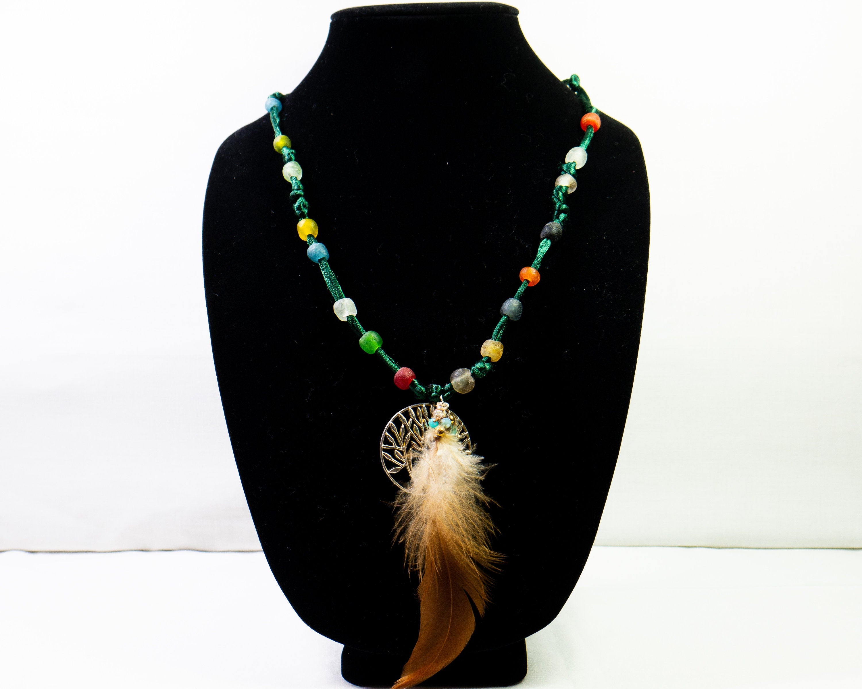 FINAL SALE!  Silk feather Necklace  pendant  African glass  Natural feather  Silk  crystal