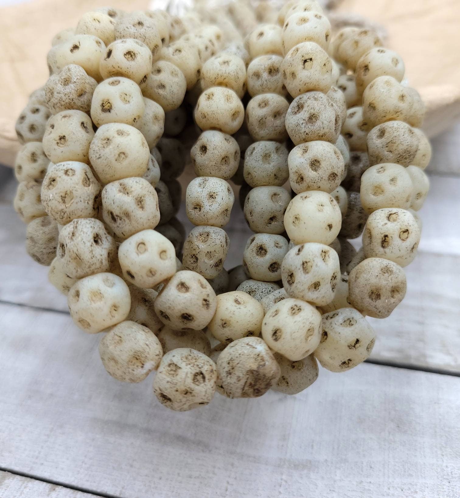 Beige Translucent Glass Beads With Old Rustic Accent [15] 10-11 × 10-11mm, Lampwork Beads, Indonesian, Thailand, Jewelry Making Supplies.