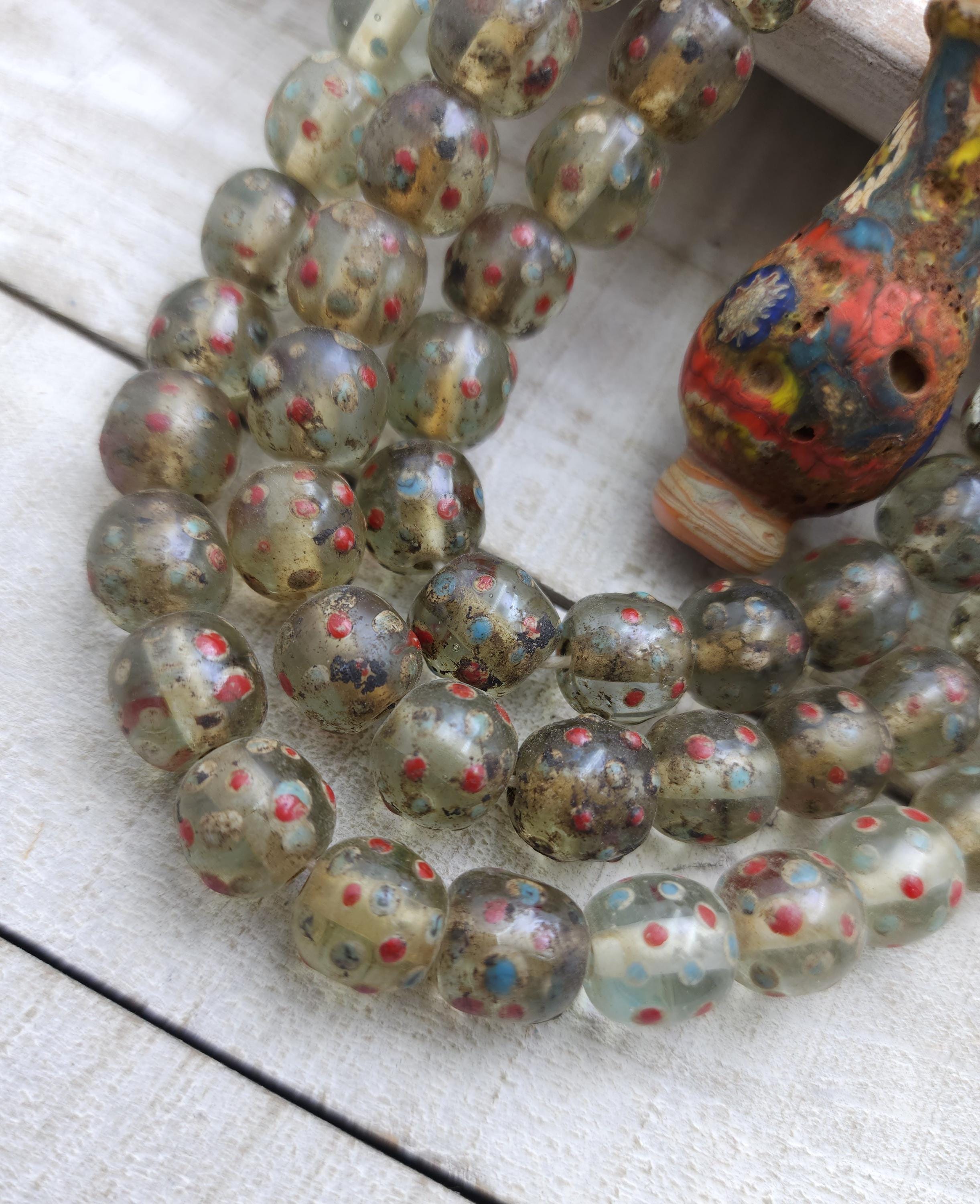 Old Eye Translucent Glass Beads, Strand 10 Beads 11-13mm, Big Hole Beads, Vintage, Indonesian, Venetian, Jewelry Making Supplies, Craft.