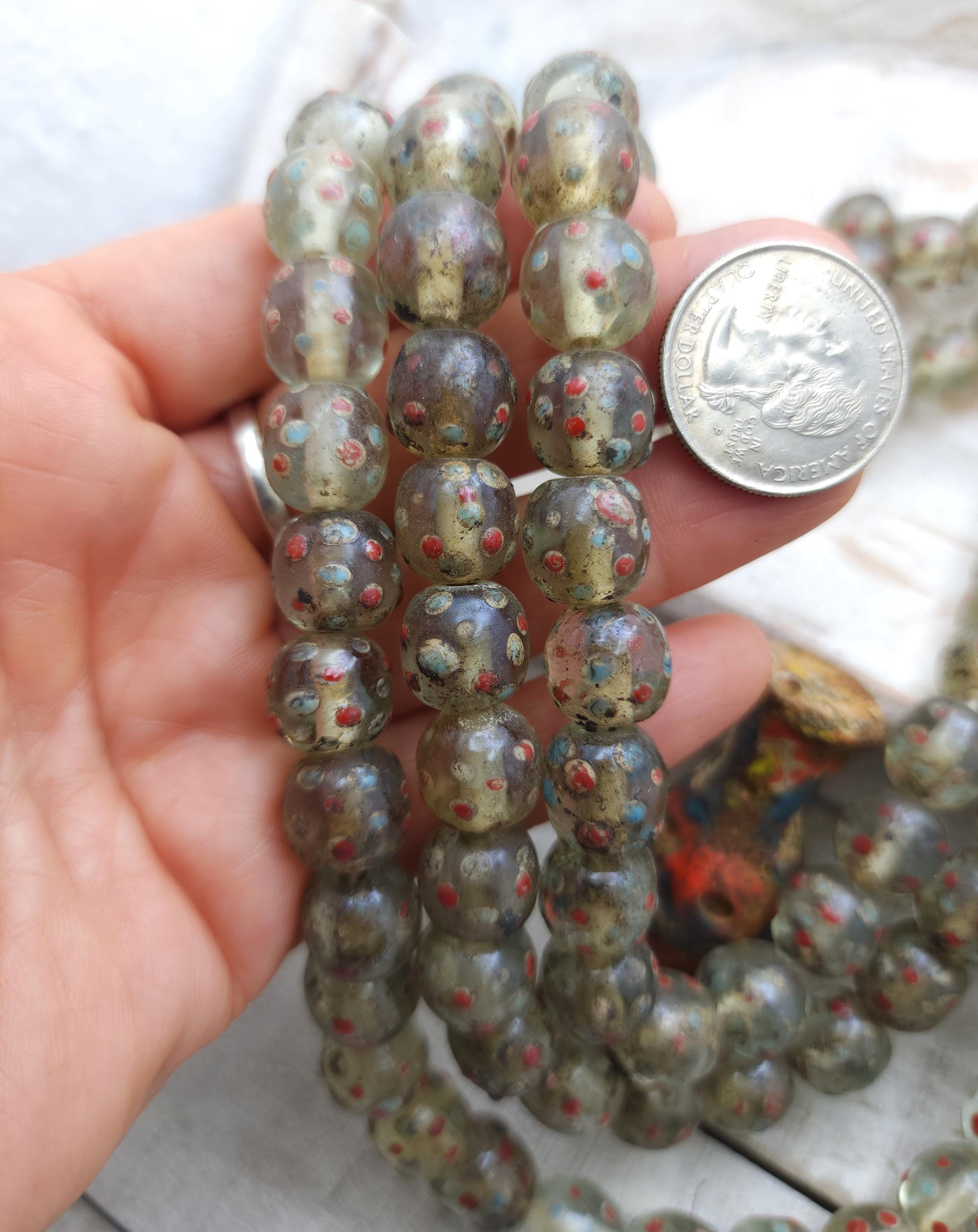 Old Eye Translucent Glass Beads, Strand 10 Beads 11-13mm, Big Hole Beads, Vintage, Indonesian, Venetian, Jewelry Making Supplies, Craft.