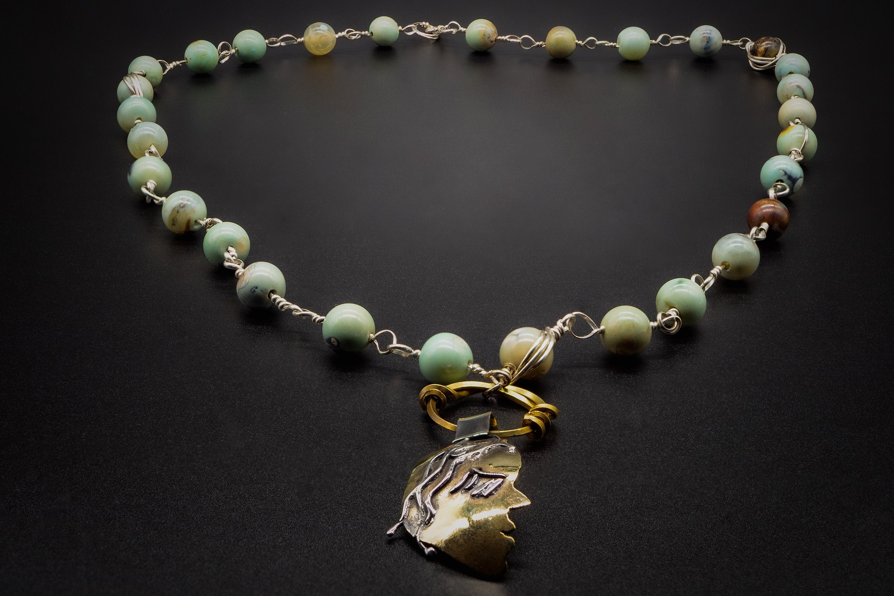 Necklace Green Teal Aqua Fire Agate, 925  Sterling Silver & Latón, Women Pendant, Beaded Necklace