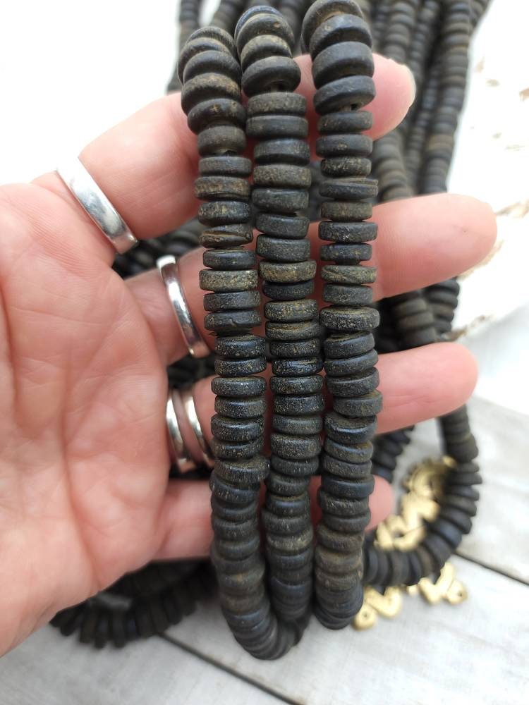 Wow Beautiful Black Beads With Old Rustic Accent 9-10-mm Strand 10" Long / Java / Indonesian / Glass Beads / Tai Beads / Jewelry Supplies.