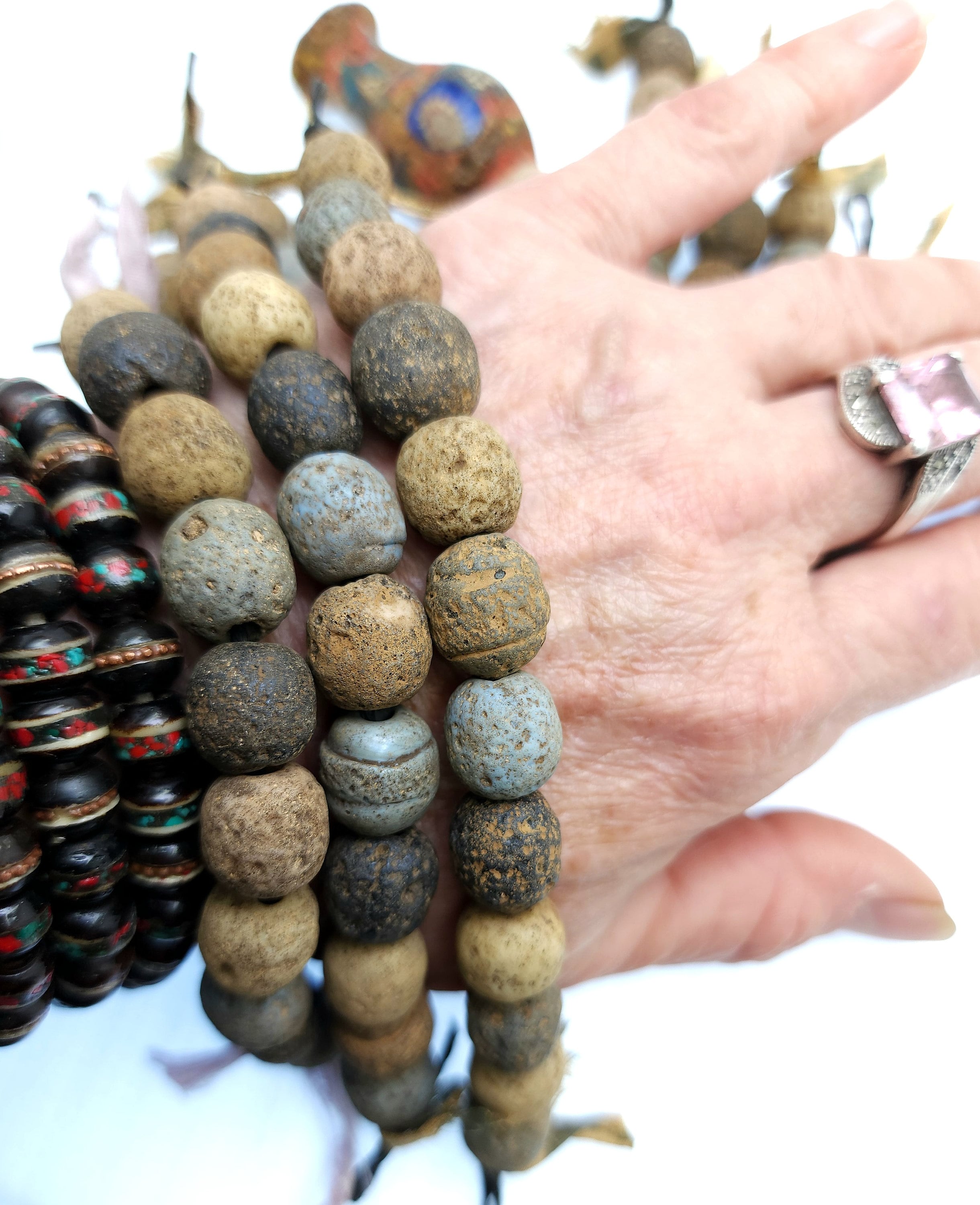 Old Indonesian Glass Beads Strand 12 Earthy Blue Yellow Black Beads 11-13mm / Vintage / Rustic / Tribal / Boho / Hippie / Jewelry Supplies