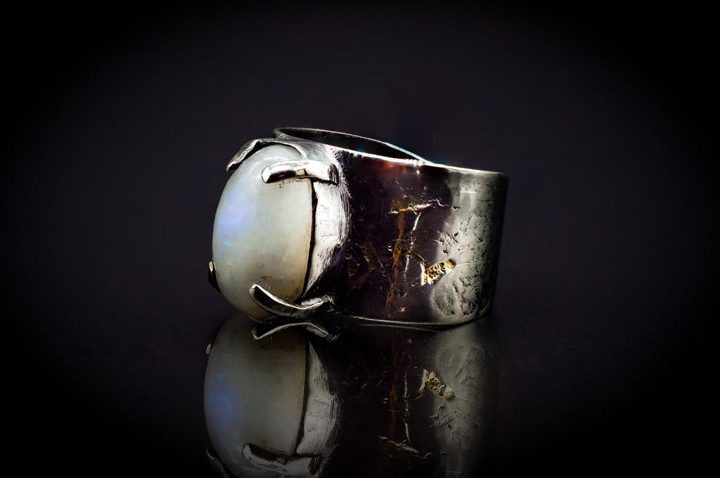 925 Sterling Silver | Rainbow Moonstone | Real 14Kt Gold Accents|Ring Size 8 1/2