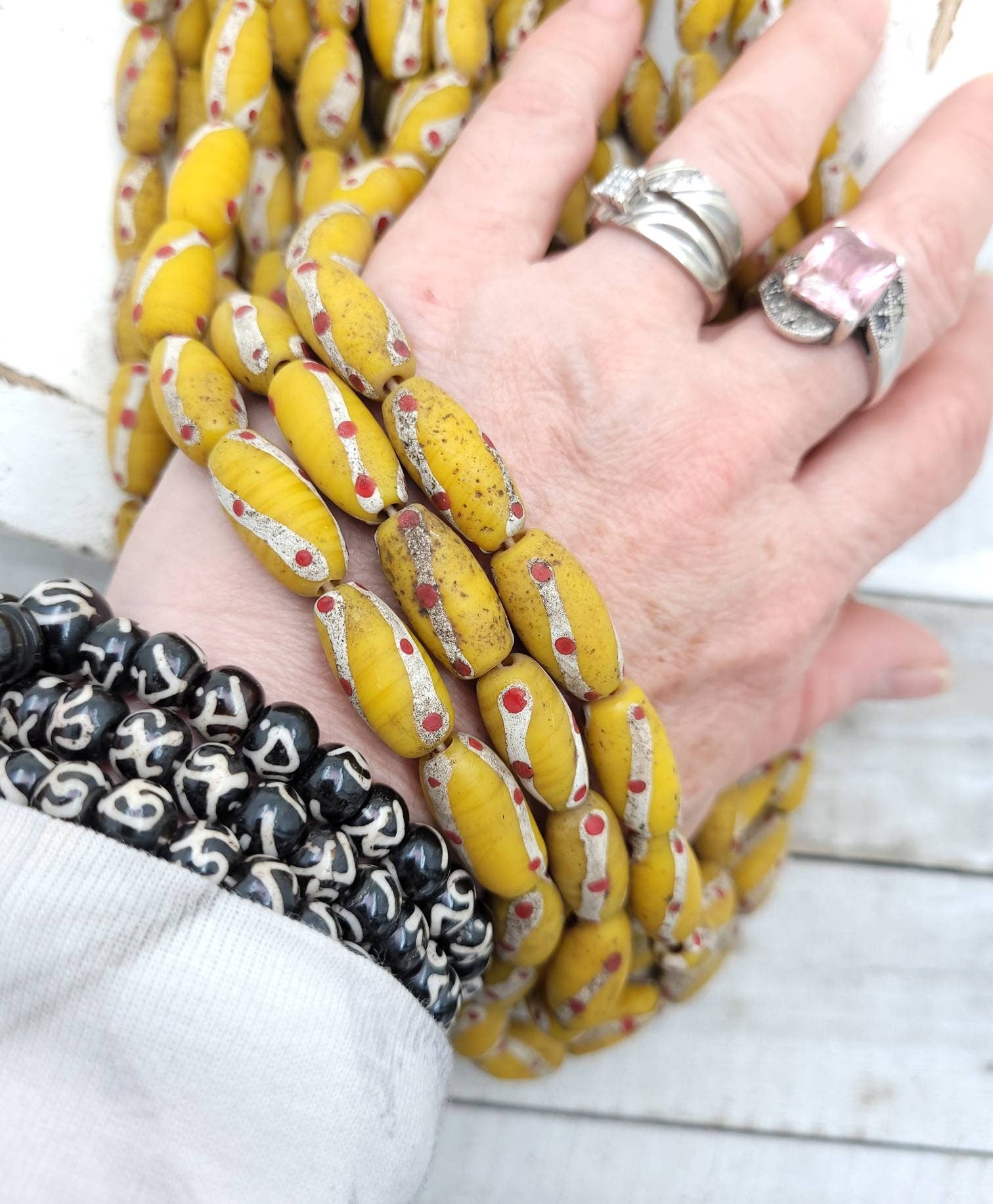 Old Accent Glass Beads Made By Thai Artisan Hands/ Indonesian Beads /Java /10 Beads 18-20mm x 10mm /Jewelry Supplies / Vintage / Venetian
