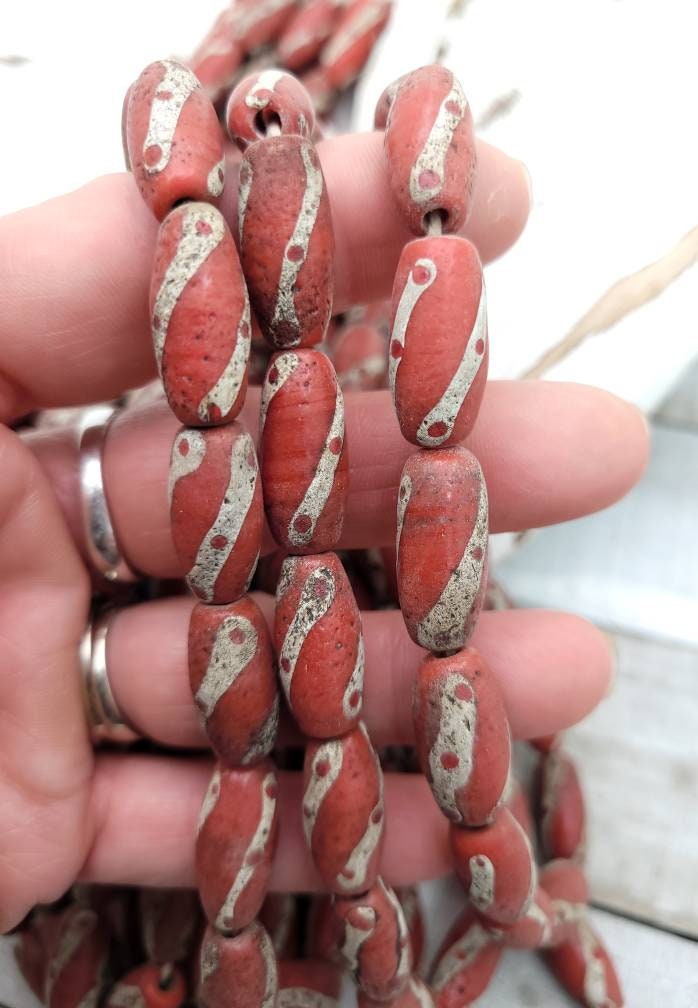 Old Accent Glass Beads Made By Thai Artisan Hands/ Indonesian Beads, Java, 10 Beads 18-20mm x 10mm, Jewelry Supplies, Vintage, Venetian.