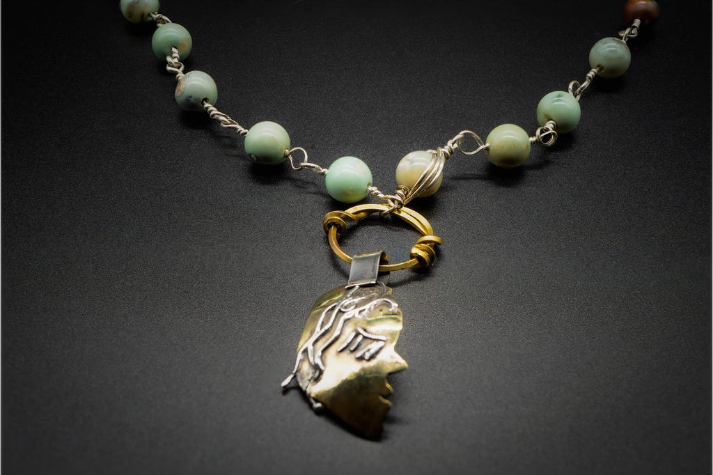 Necklace Green Teal Aqua Fire Agate, 925  Sterling Silver & Latón, Women Pendant, Beaded Necklace