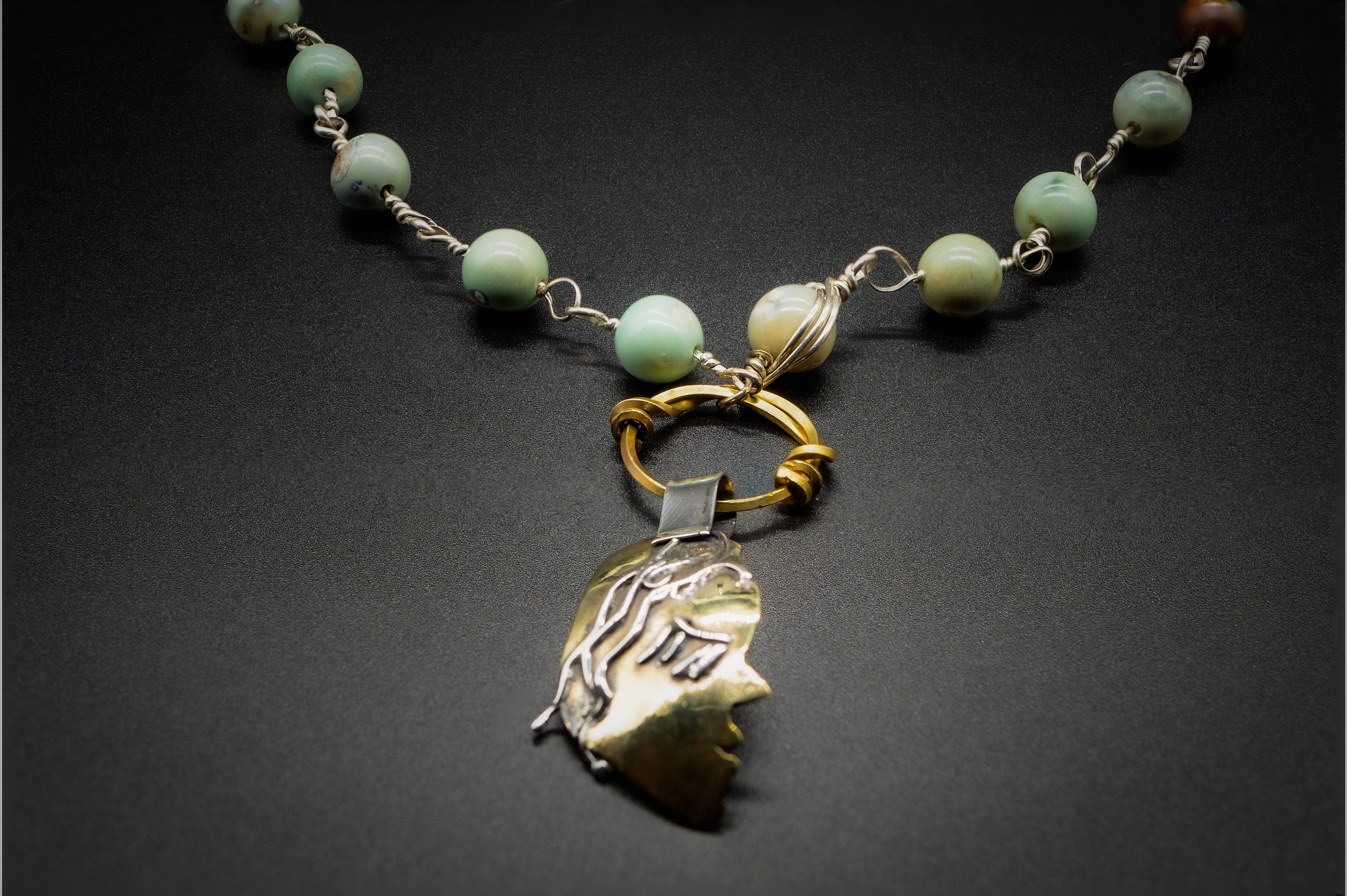 Necklace Green Teal Aqua Fire Agate, 925  Sterling Silver & Latón, Women Pendant, Beaded Necklace