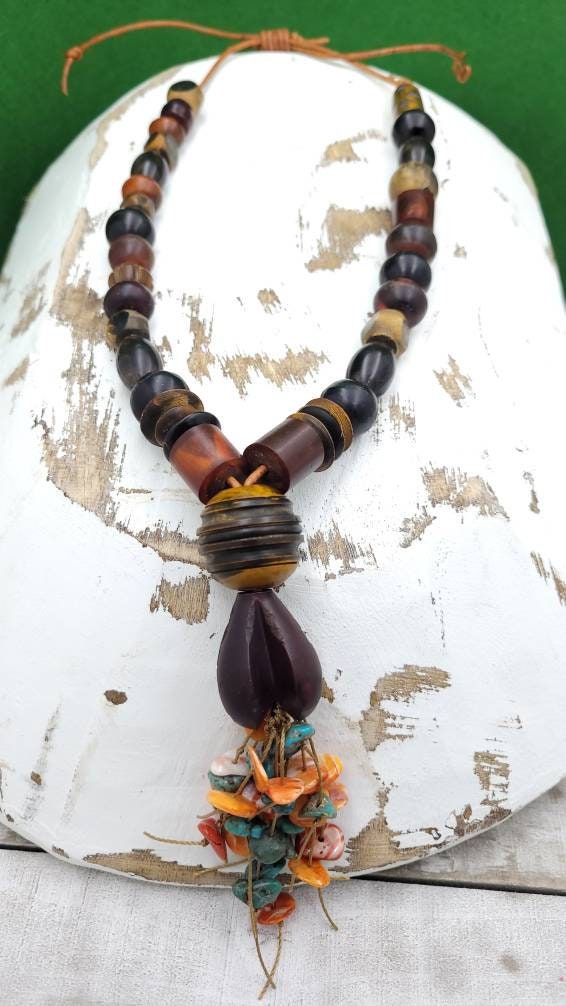 Beautiful Vintage Long Necklace Genuine Leather & Bone Beads Hand Carved  Authentic Turquoise Spiny Oyster Shell Beads / Boho Tribal Ethnic.
