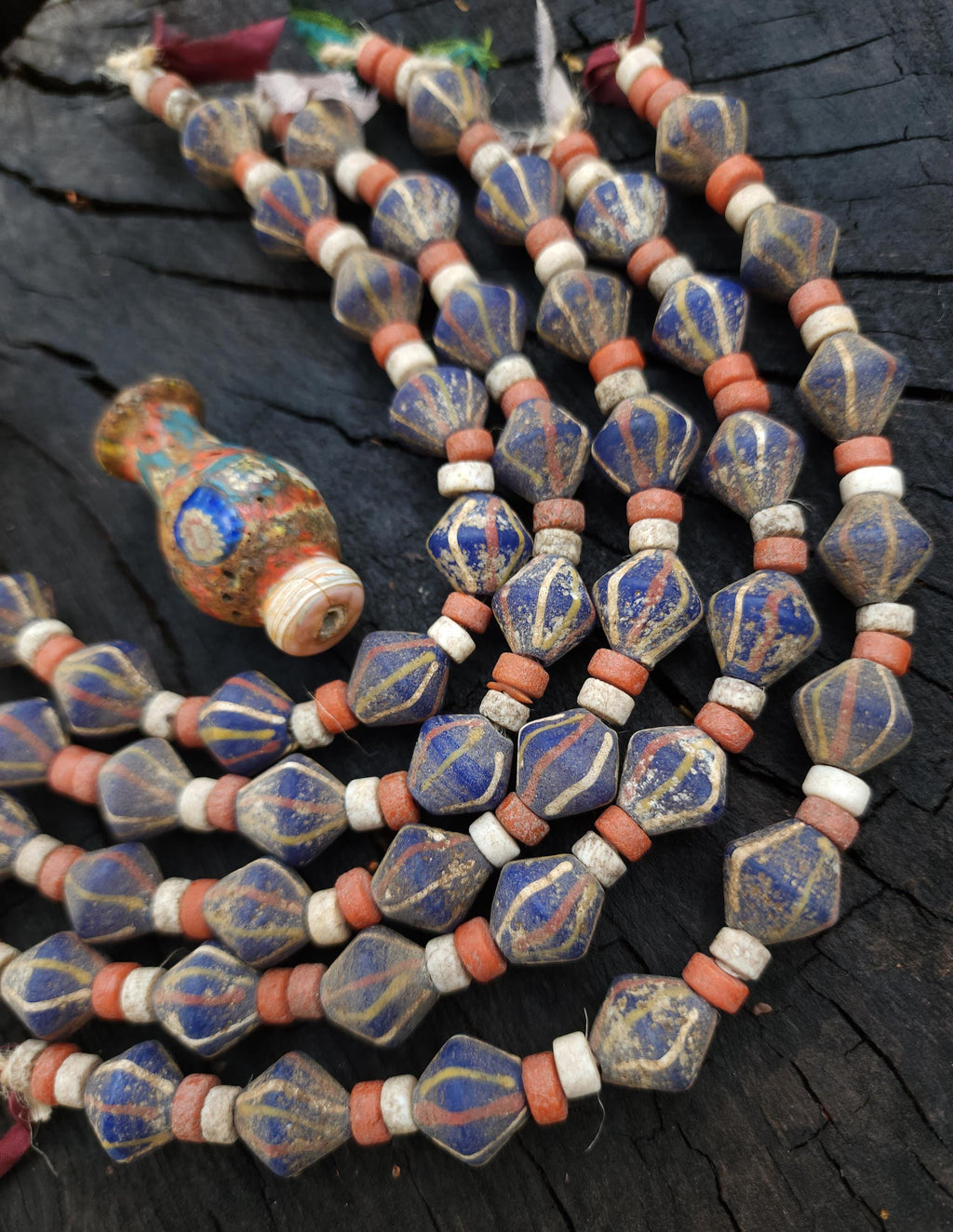 Blue Bicone Glass Beads, Strand 14-15mm, Beads With Antique Accent, Rustic, Indonesian, Jewelry Making Supplies, Craft.