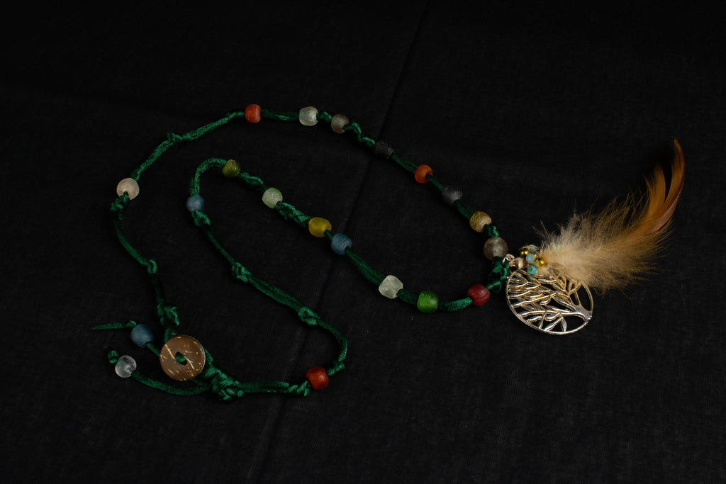 FINAL SALE!  Silk feather Necklace  pendant  African glass  Natural feather  Silk  crystal