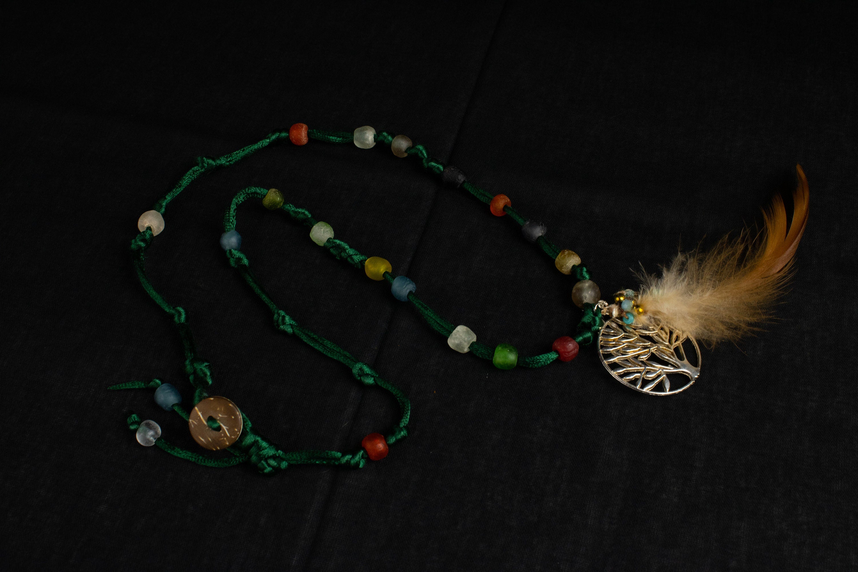 FINAL SALE!  Silk feather Necklace  pendant  African glass  Natural feather  Silk  crystal