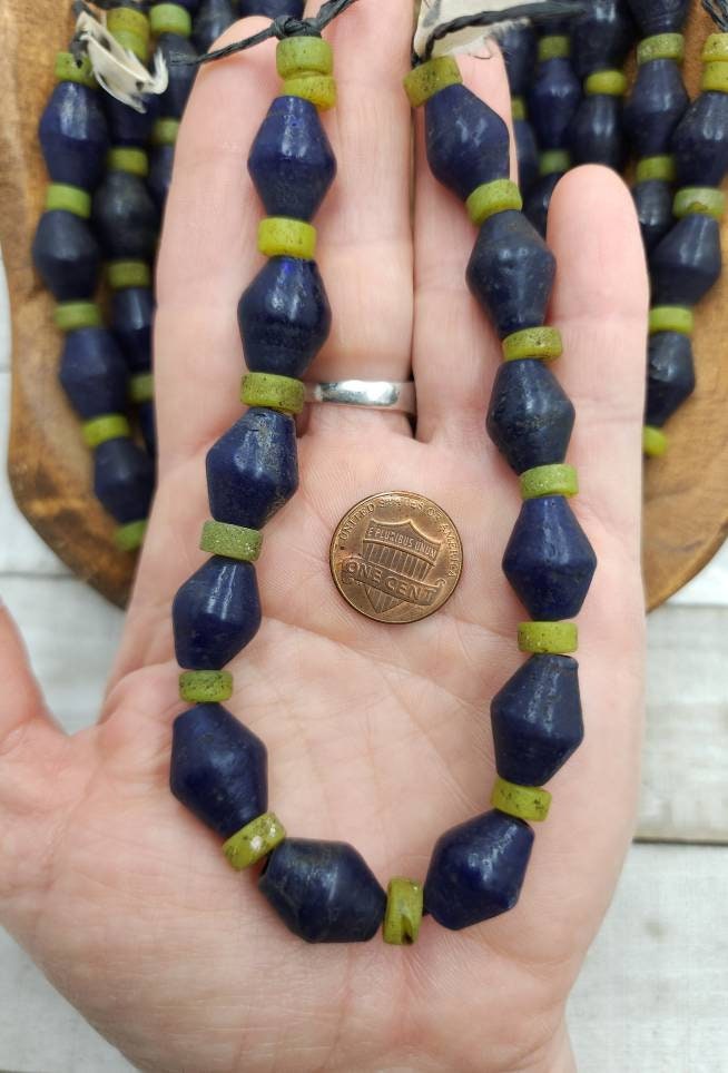 Bicone Beads With Old Rustic Accent/ Blue Java Glass Beads Strand 10 "16-18mm x 13mm / Jewelry Supplies / Indones Beads / Lampwork Beads.