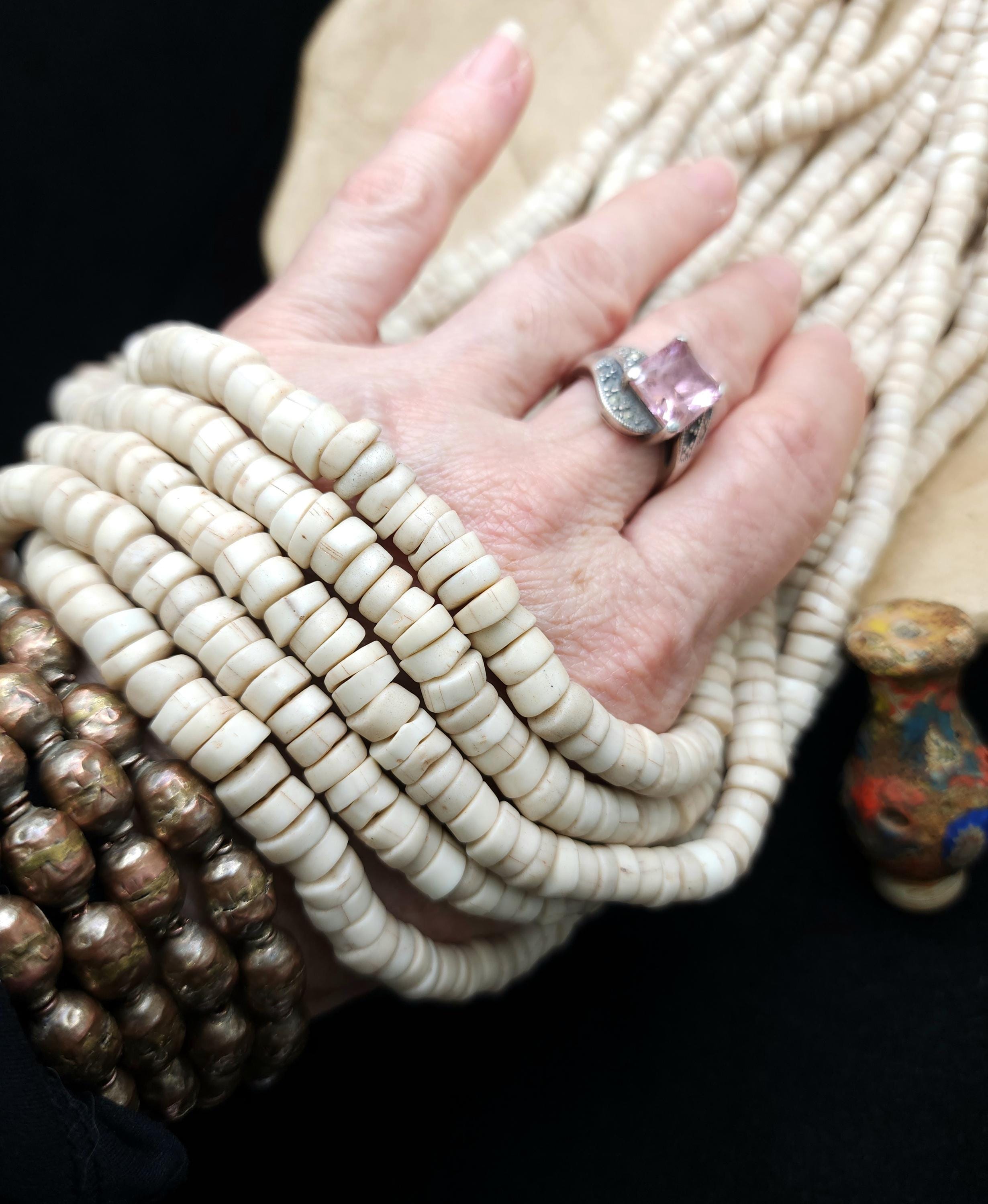 Beige Polished Glass Beads With Rustic Accent From Indonesia, Strand 10" 8mm, Jewelry Making Supplies, Craft, Spacer Beads.