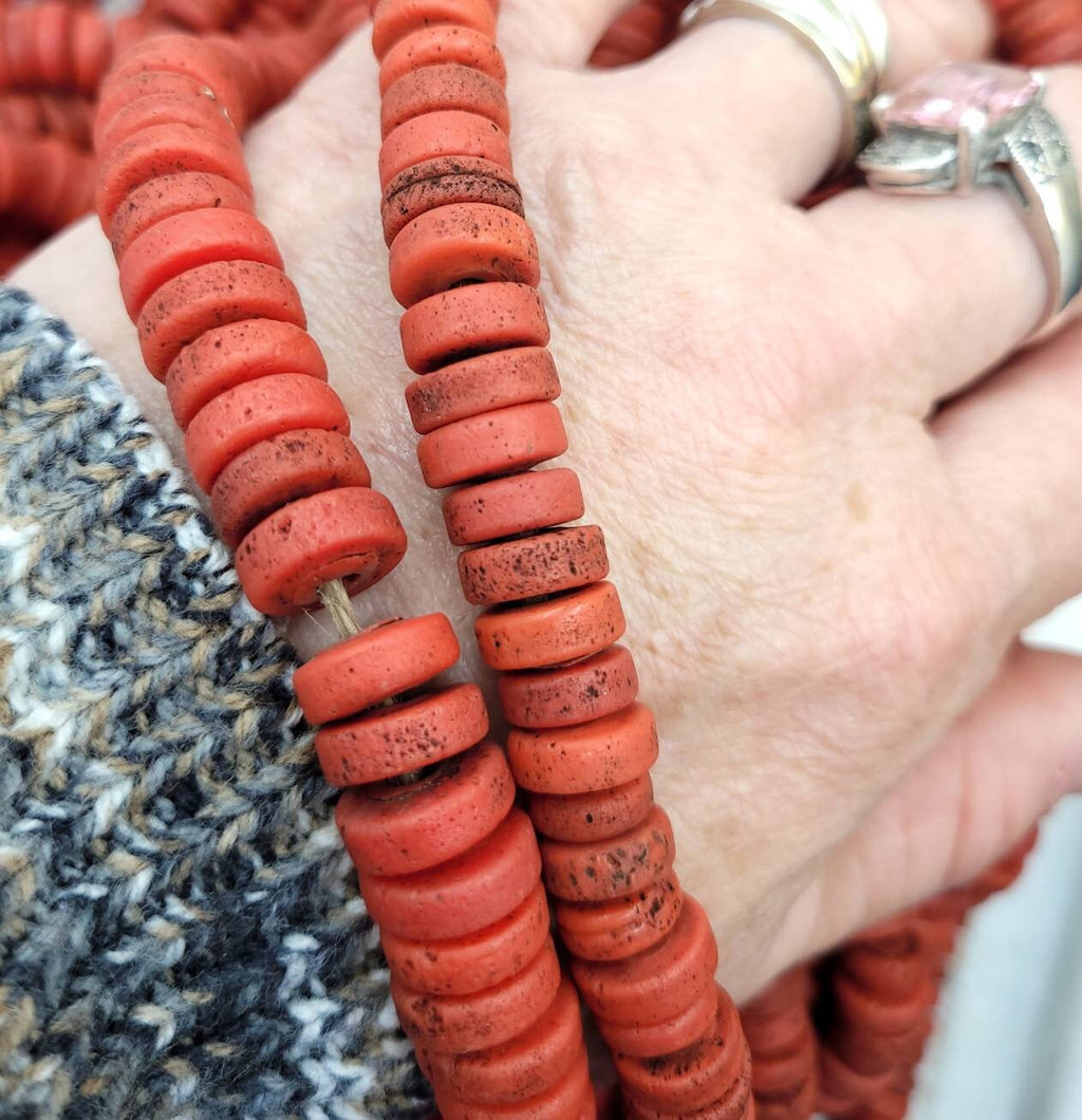 Red Glass Beads With Strong Old Rustic Accent, Raw Texture, 10mm, 11-12mm 10" Long Strand, Tribal, Jewelry Making Supplies.