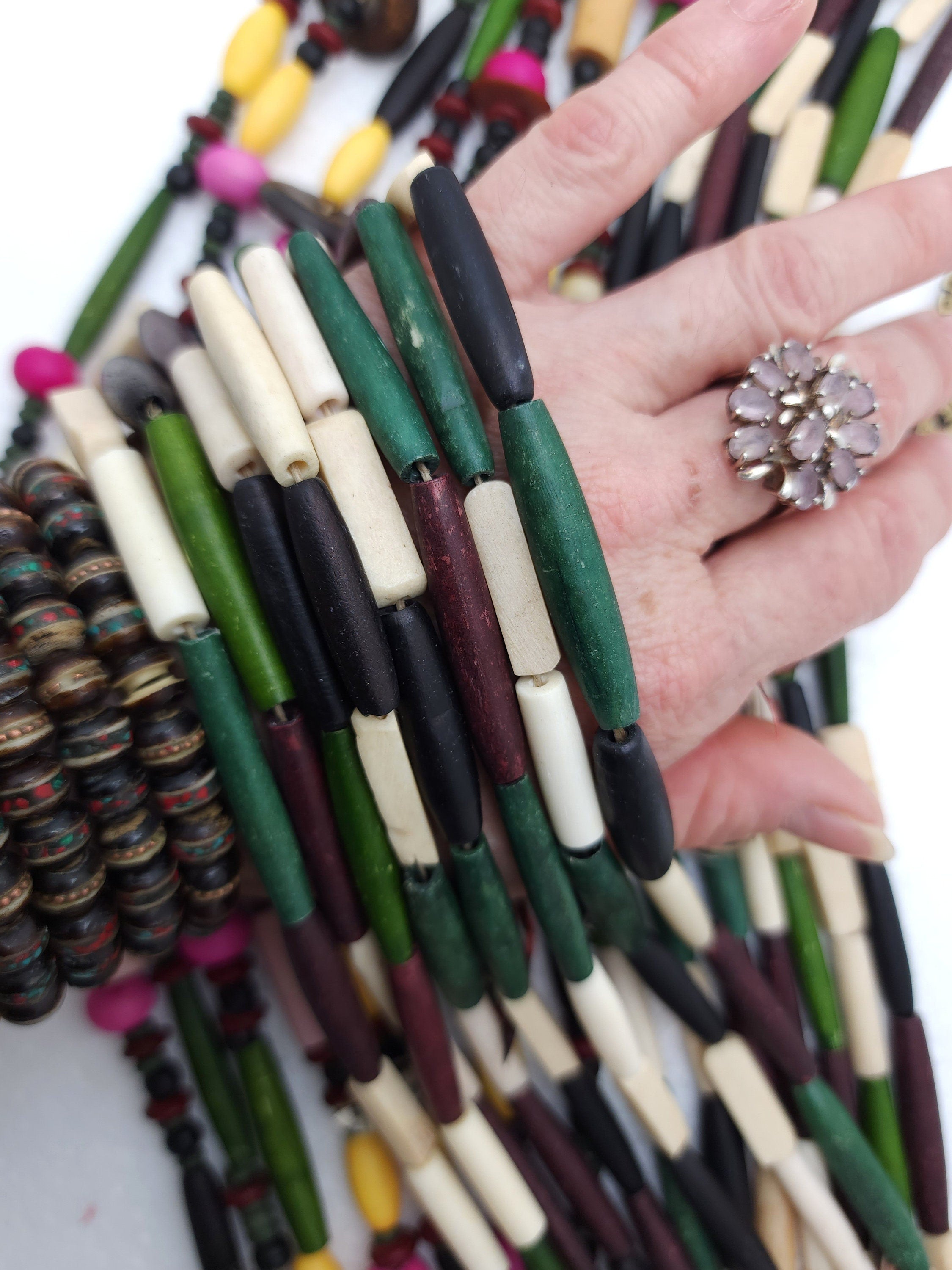 Great Mix Of Buffalo Bone Dyed And Natural Beads, Jewelry Making Supplies, Strand 12", Option to choose Tubes Or Variable and Fun Beads.