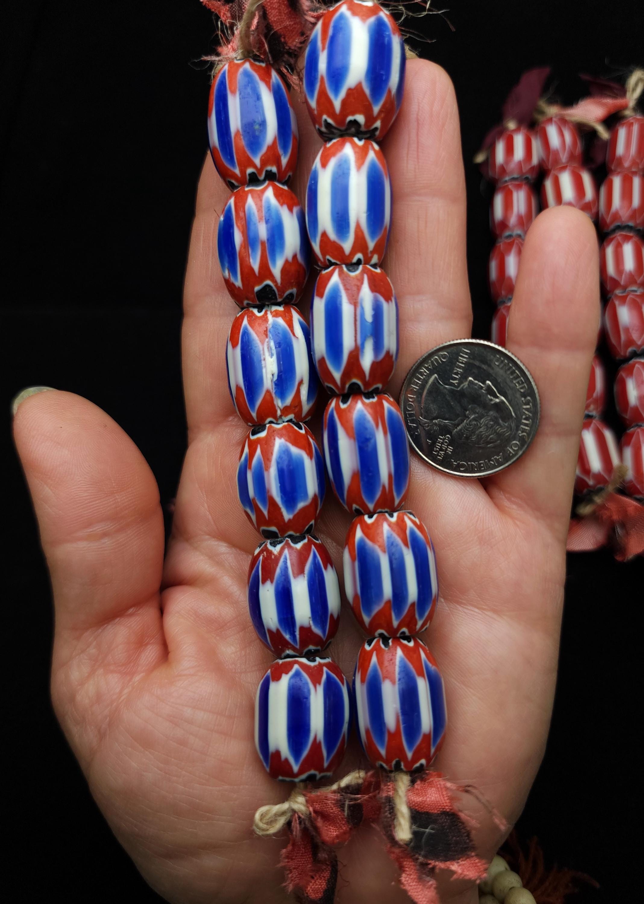 Blue Chevron Glass Beads 19-21×14-17mm Or Red 15-21x12-16mm Strand With 6 Beads, Trade Beads, Jewellery Making Supplies.