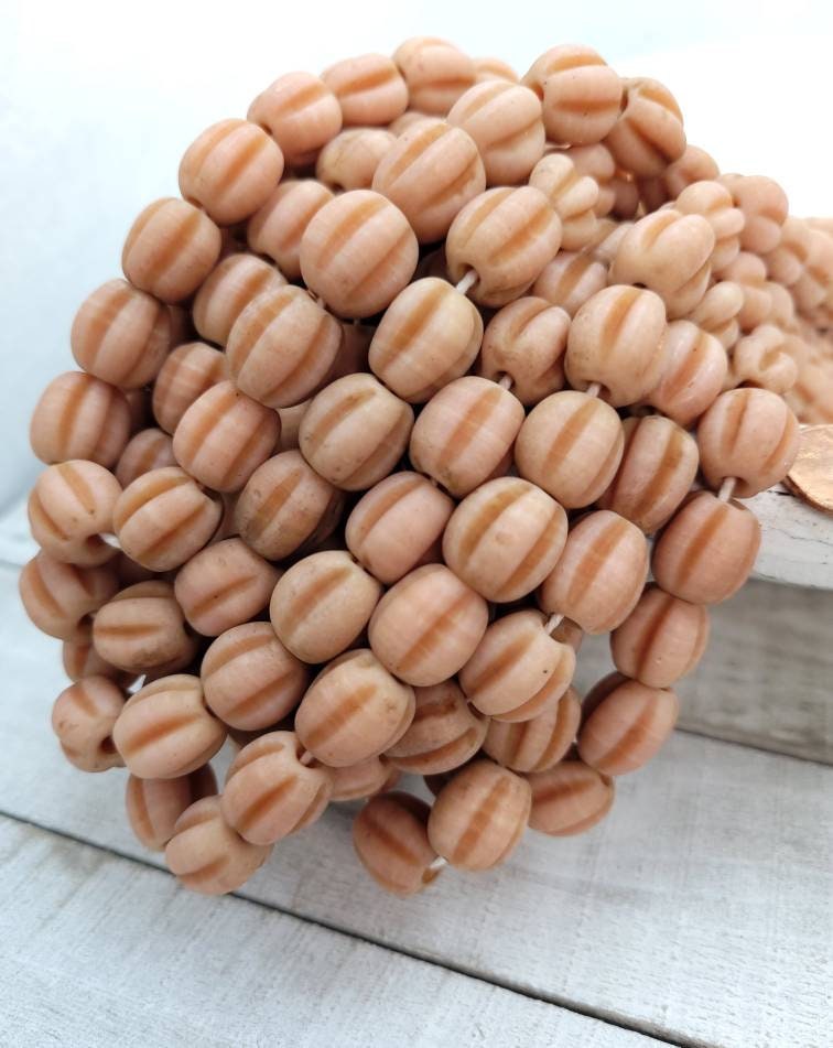 Strand of 12 Melon Glass Beads With Accent Rustic Old Look 12-13mm, Jewelry Supplies, Ethnic Tribal Artisan Beads, Indonesian, Thai Beads.