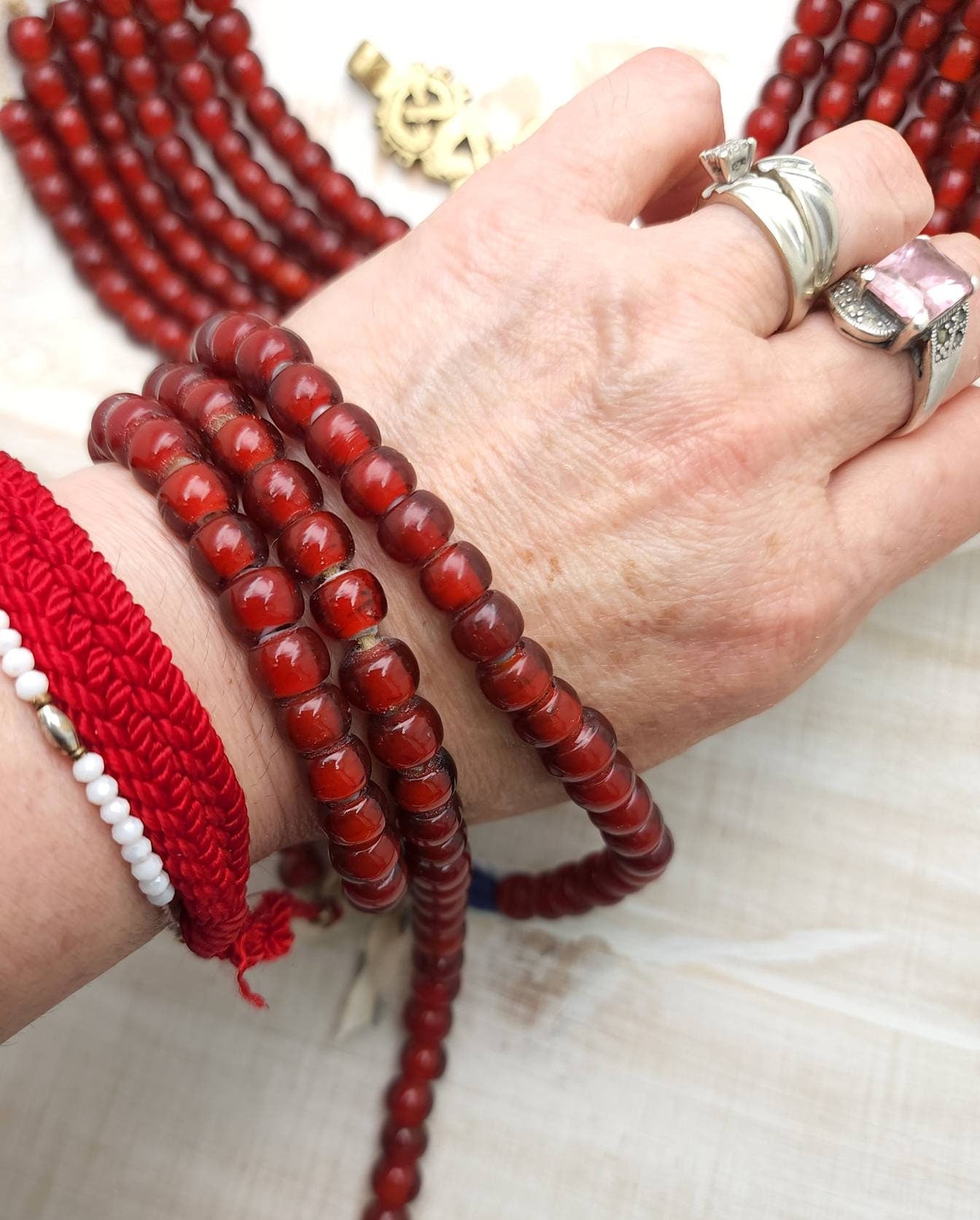 White Heart Red Glass Beads Strand 10" Inches34-36 Beads 9-10mm / Venetian Beads / Vintage / Cherry Red / Jewelry Making Supplies