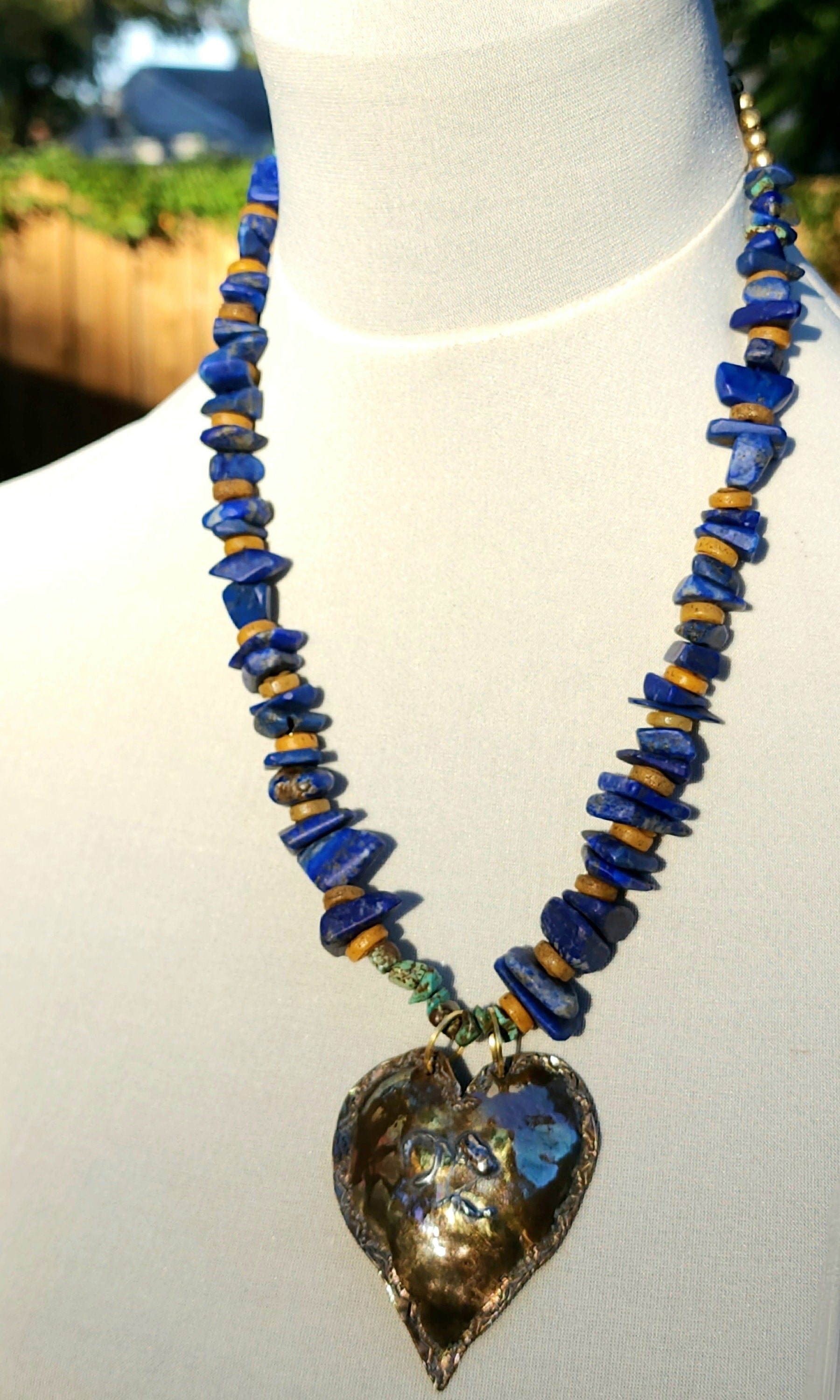 Beautiful Hand Hammered Brass and 925 Silver Heart Necklace Genuine Lapis Lazuli 14" Long / Best Gift For Who You Love / Handmade Jewelry.