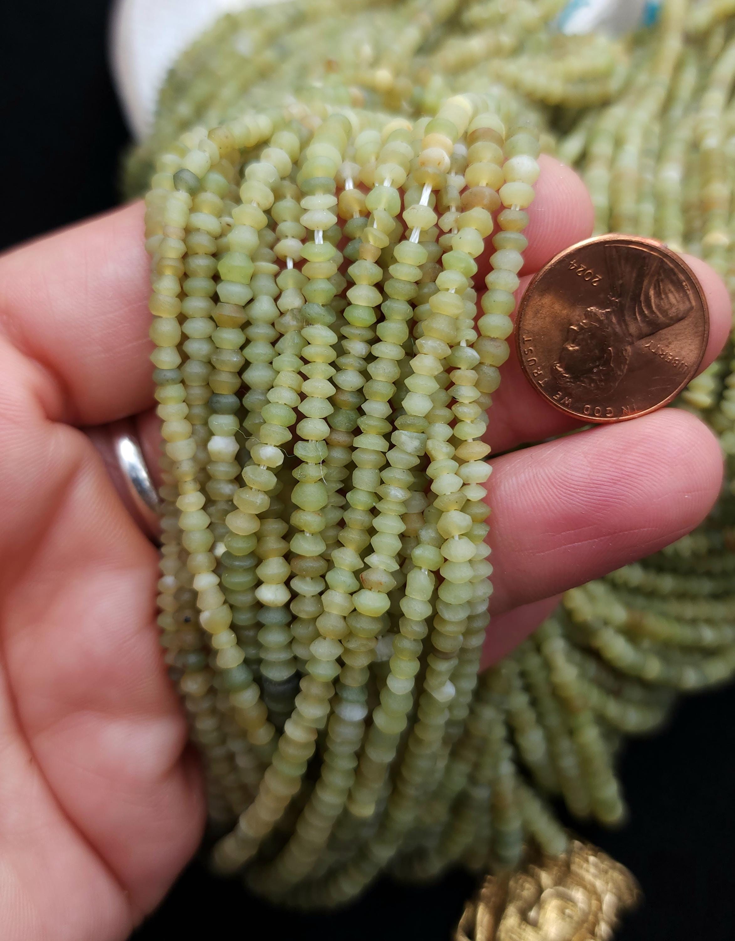Serpentine Lemon Green Natural Jade Beads, Healing Stone Saucer Heishi Beads From Afghanistan, [3mm+] Strand 14", Jewelry Making Supplies.