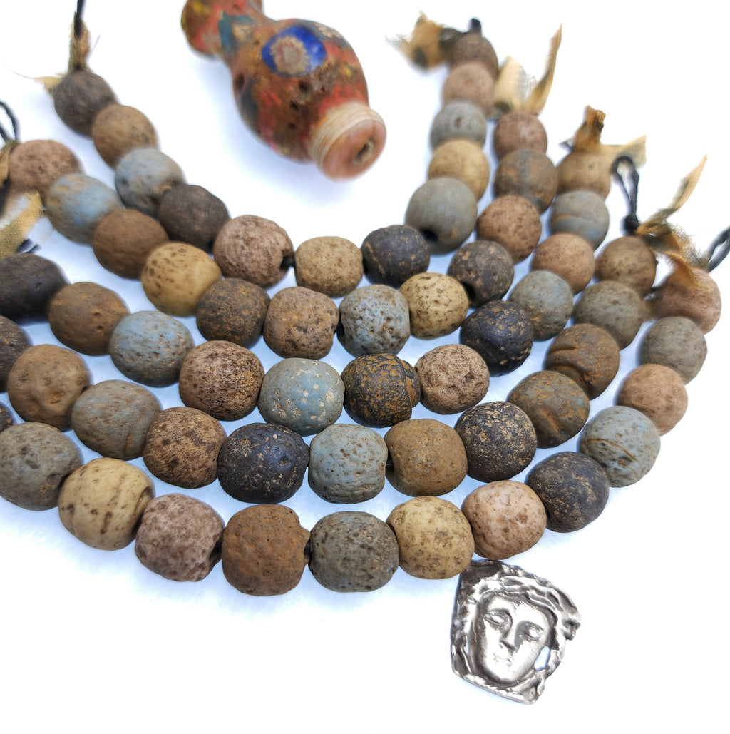 Old Indonesian Glass Beads Strand 12 Earthy Blue Yellow Black Beads 11-13mm / Vintage / Rustic / Tribal / Boho / Hippie / Jewelry Supplies