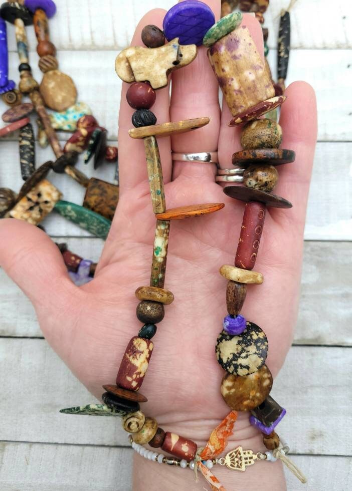 Rustic Splattered Bone Beads / Strand 14" Variety Of Bone Beads / Tribal / Ethnic / Boho / Fun Beads / Jewelry Making Supplies.