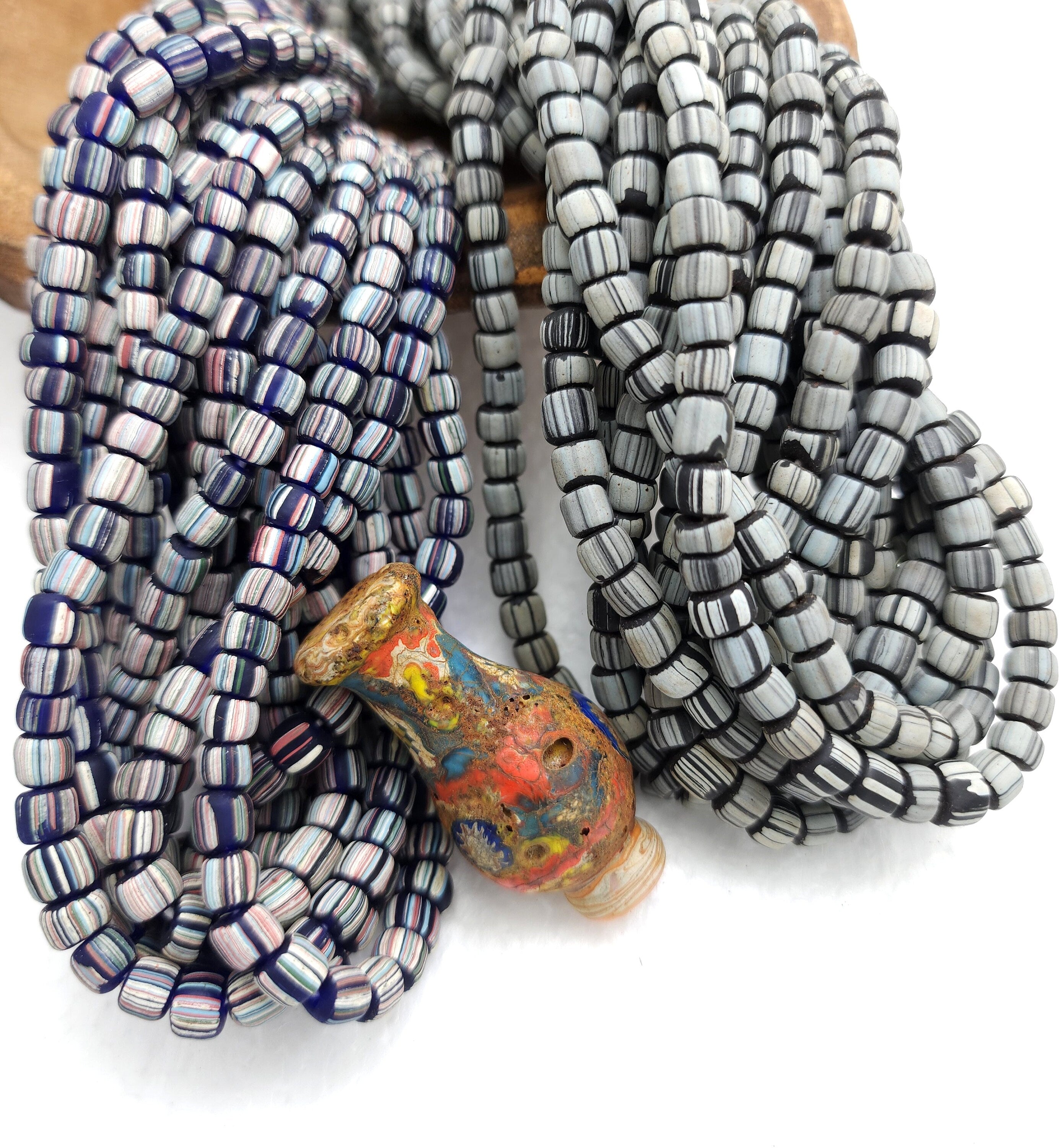 Full Strand 23" Venetian Style Currant Beads / Small Striped Java Beads 5-6mm / Choose Striped Blue Or Black Striped Gray  / Indonesia