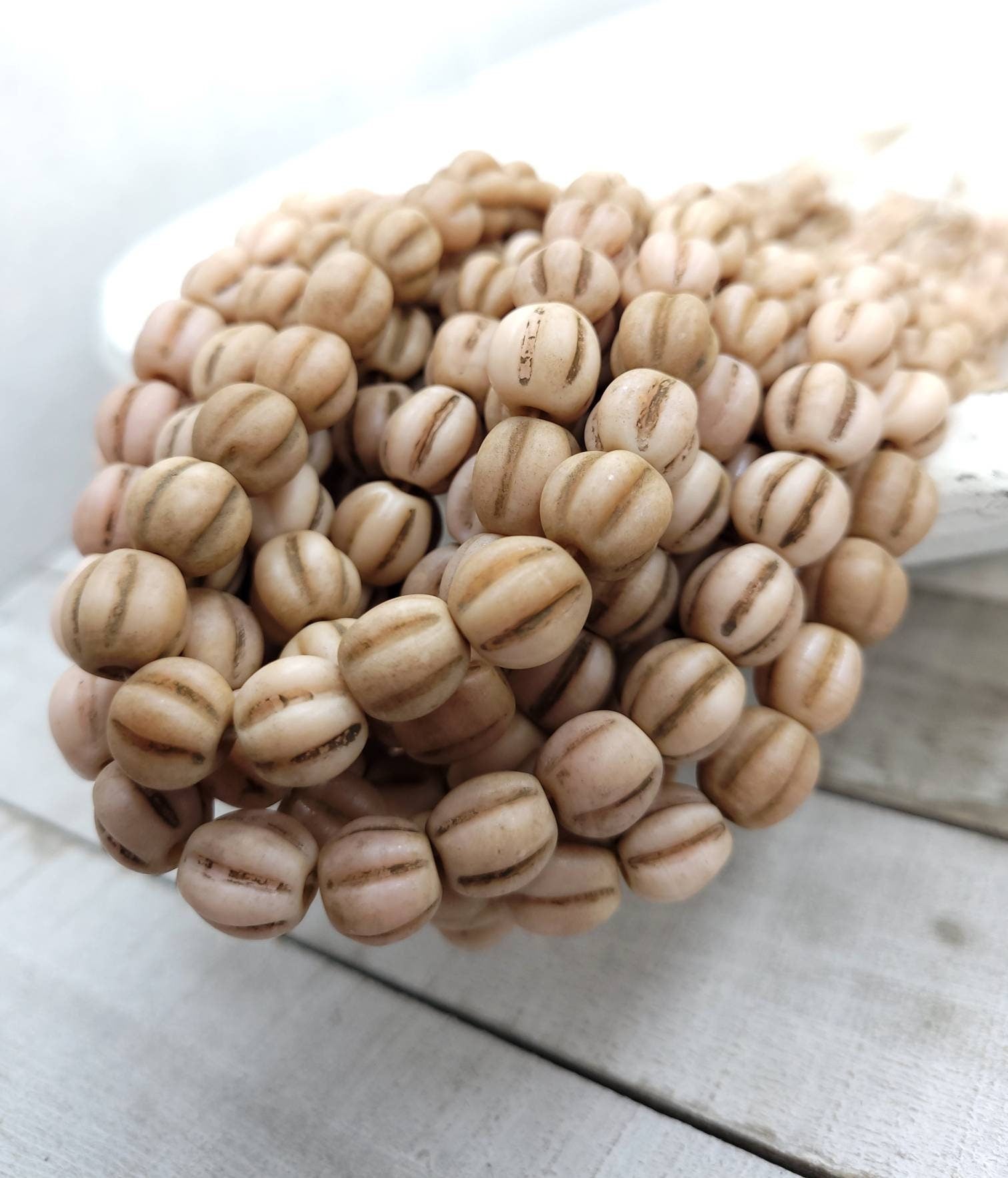 Beautiful Melon Shaped Beads With Accent Rustic 10-11mm 12 Beads/Jewelry Supplies/Boho Hippie Tribal/Lampwork Beads/Indonesian /Thailand