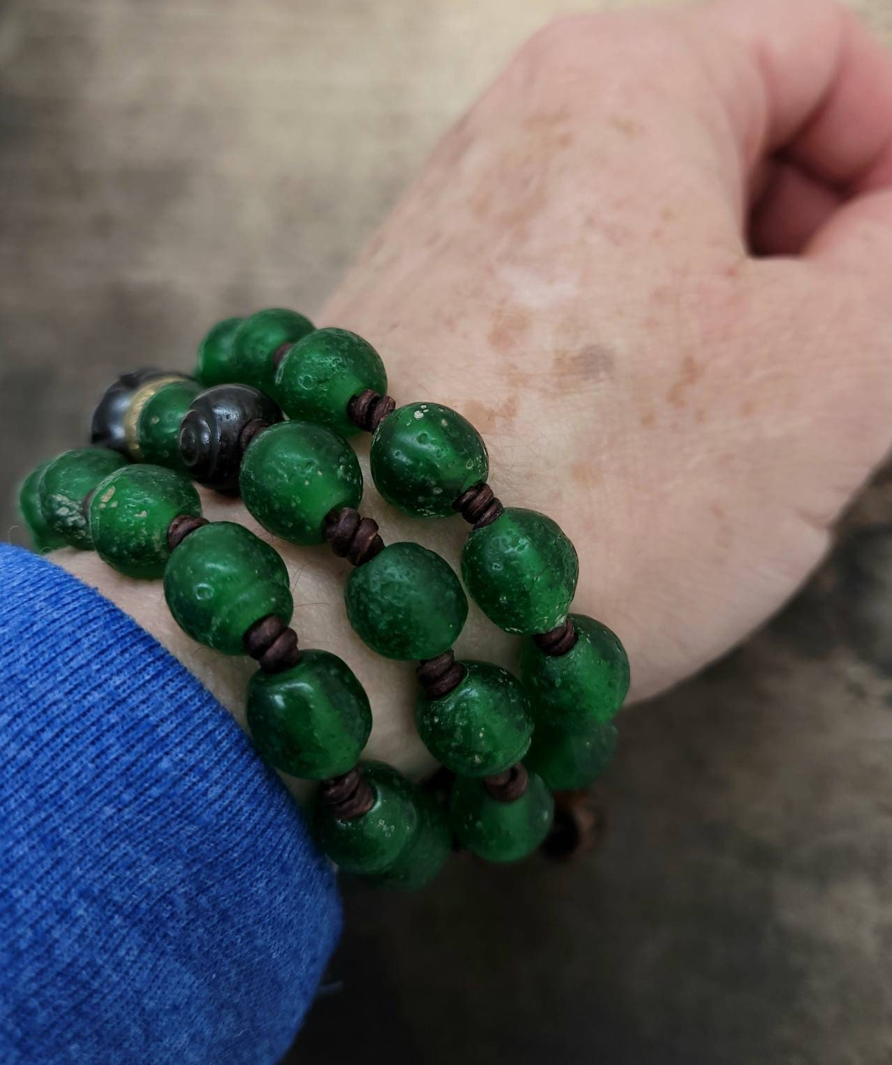 Beautiful Leather Bracelet / Bracelet for Men or Women / Antique Rustic Indonesian Glass Bead Jewelry/Boho/Tribal / Native American/ Ethnic.