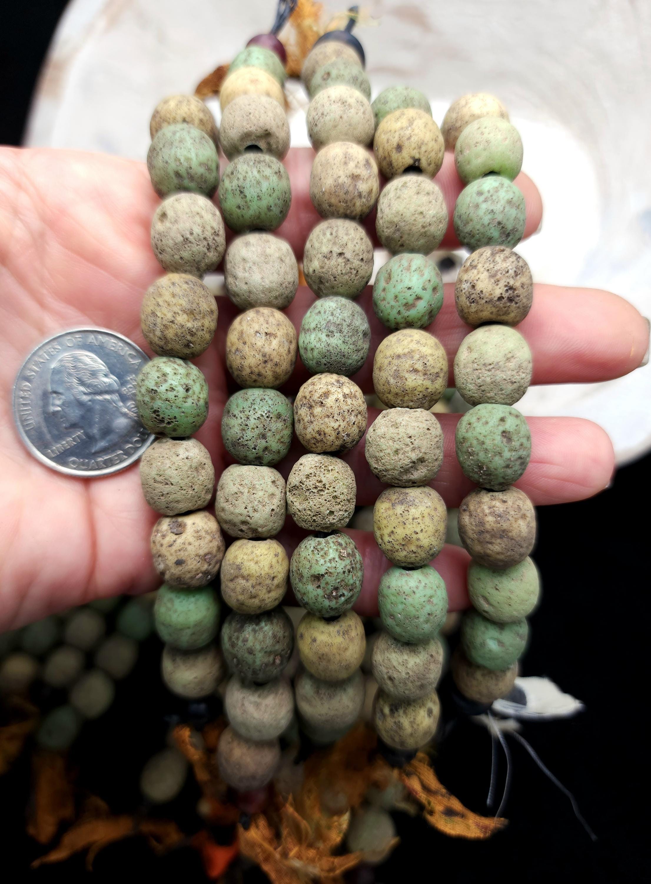 Indonesian Glass Beads Strand 12 Earthy Beige, Yellow, Green Beads 11-12mm, Vintage, Rustic,  Tribal, Boho, Hippie, Jewelry  Making Supplies