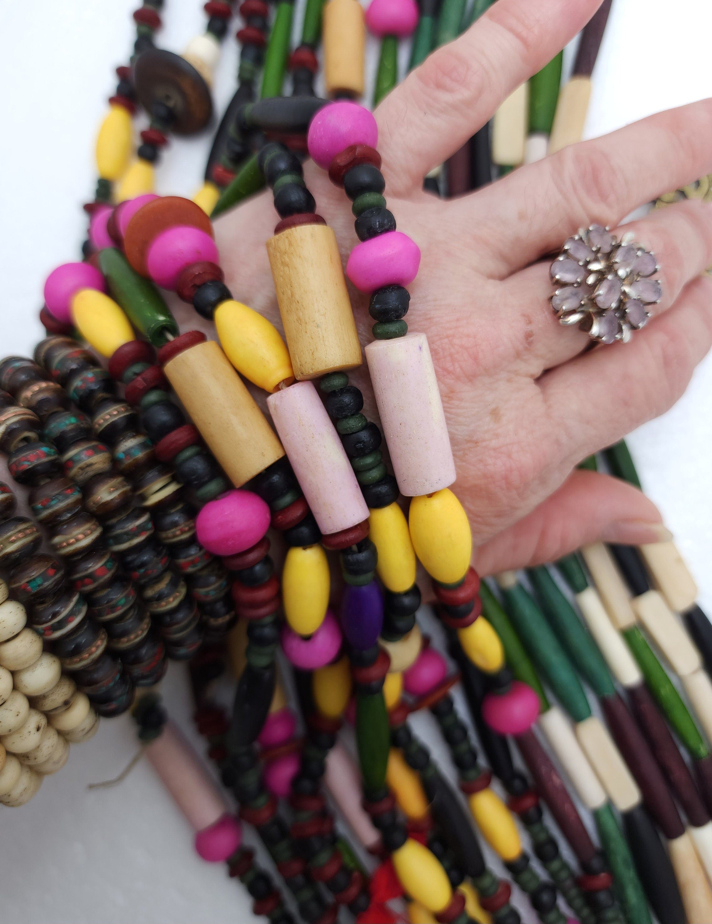 Great Mix Of Buffalo Bone Dyed And Natural Beads, Jewelry Making Supplies, Strand 12", Option to choose Tubes Or Variable and Fun Beads.
