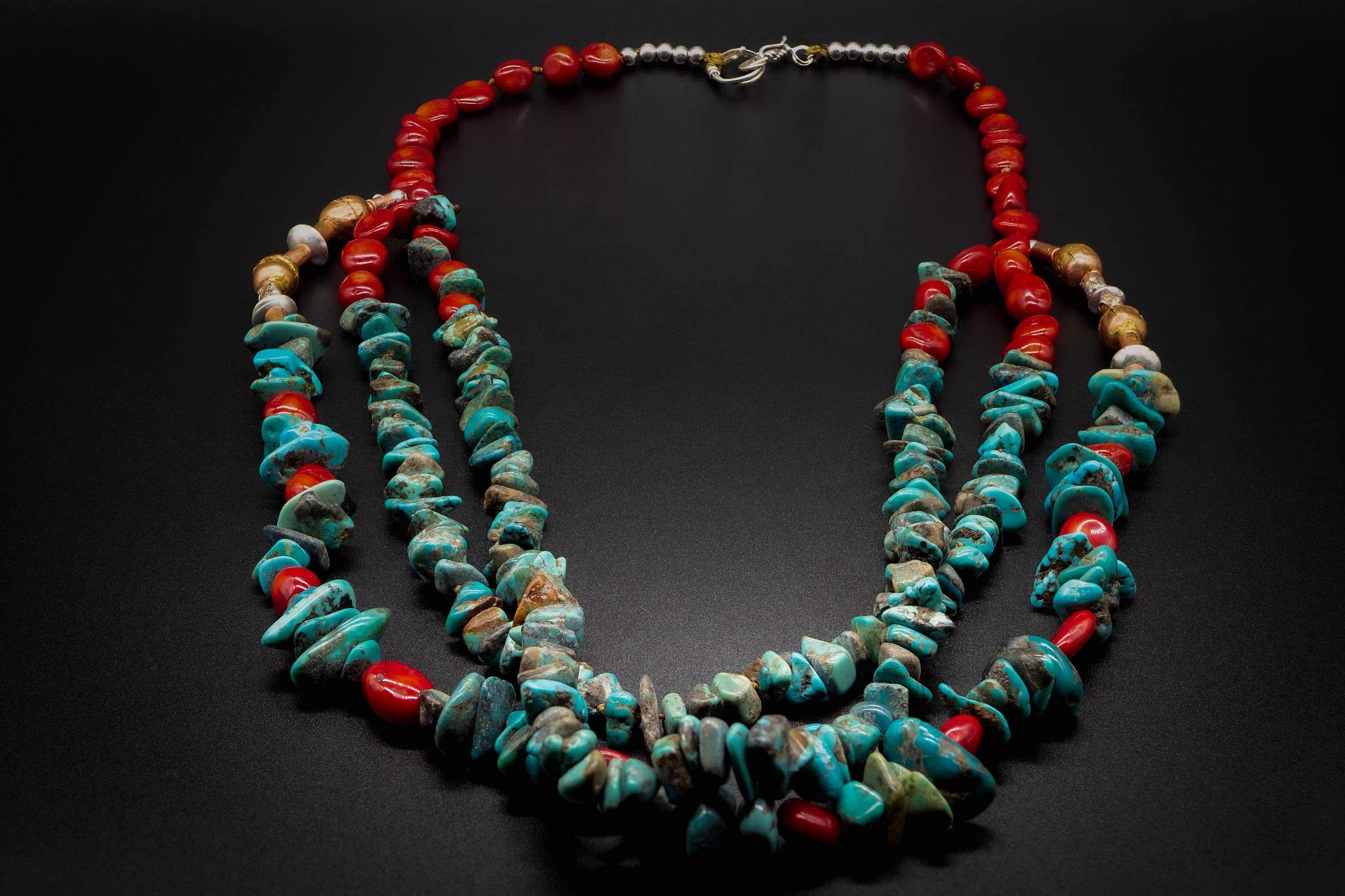 Turquoise Necklace, Silver 925 / Necklace with red Bamboo Coral and Authentic turquoises / Native American Navajo Jewelry.