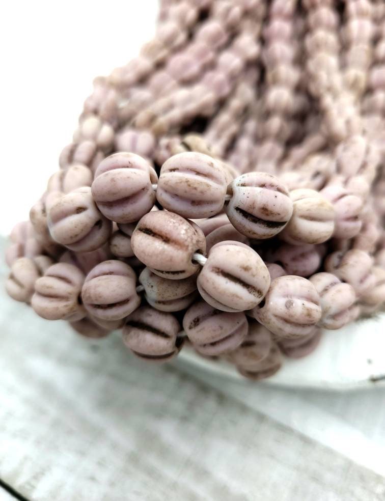 Melon Shaped Glass Beads With Accent Rustic Old Look 10-11mm[12], Jewelry Supplies, Boho, Hippie, Tribal, Ethnic, Thailand Beads.