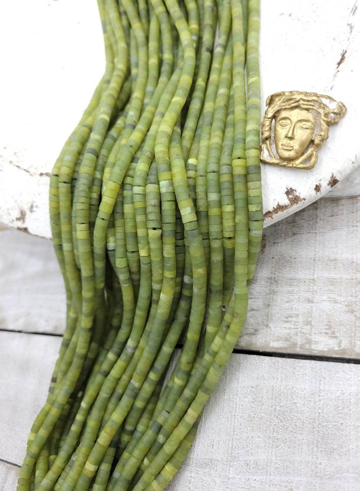 Serpentine Lemon Green Natural Jade Heishi Beads / Cylinder Heishi Beads From Afghanistan / 4 x 2-3mm Strand 15" / Jewelry Making Supplies.